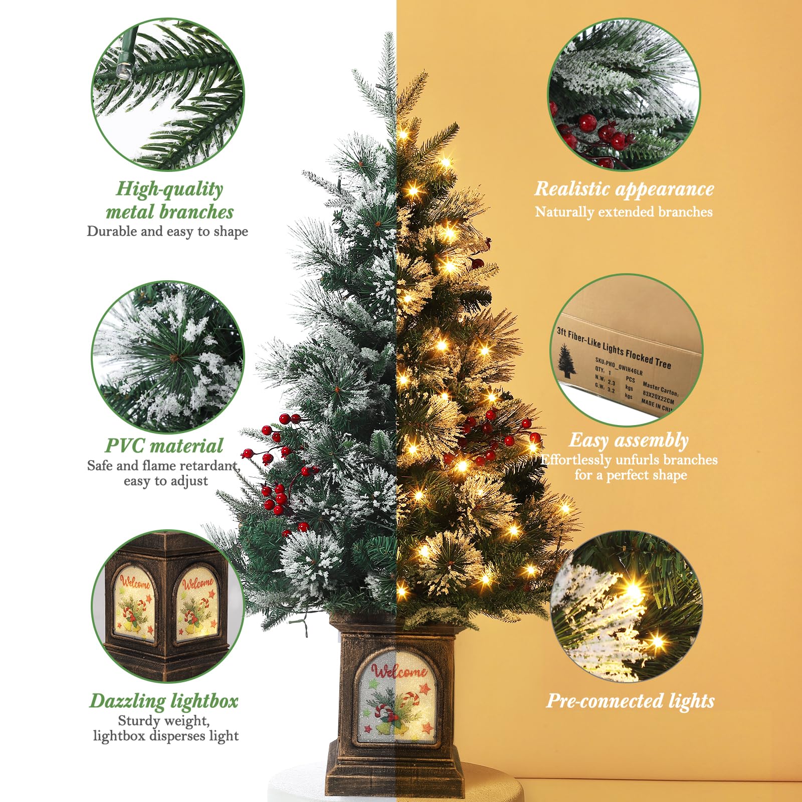 Garvee 3ft Mini Christmas Tree, Premium Snow Flocked Artificial Christmas Tree with 78 Warm White LED Lights, Pre Lit Xmas Pine Tree for Christmas Decoration, Yard, Home, Office(2 PCS)