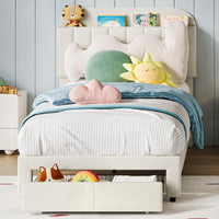 Garvee Twin Bed Frame with Drawer, Velvet Upholstered Platform Bed Frame with Storage Headboard, No Box Spring Needed, Easy Assembly, Noise-Free, Off White