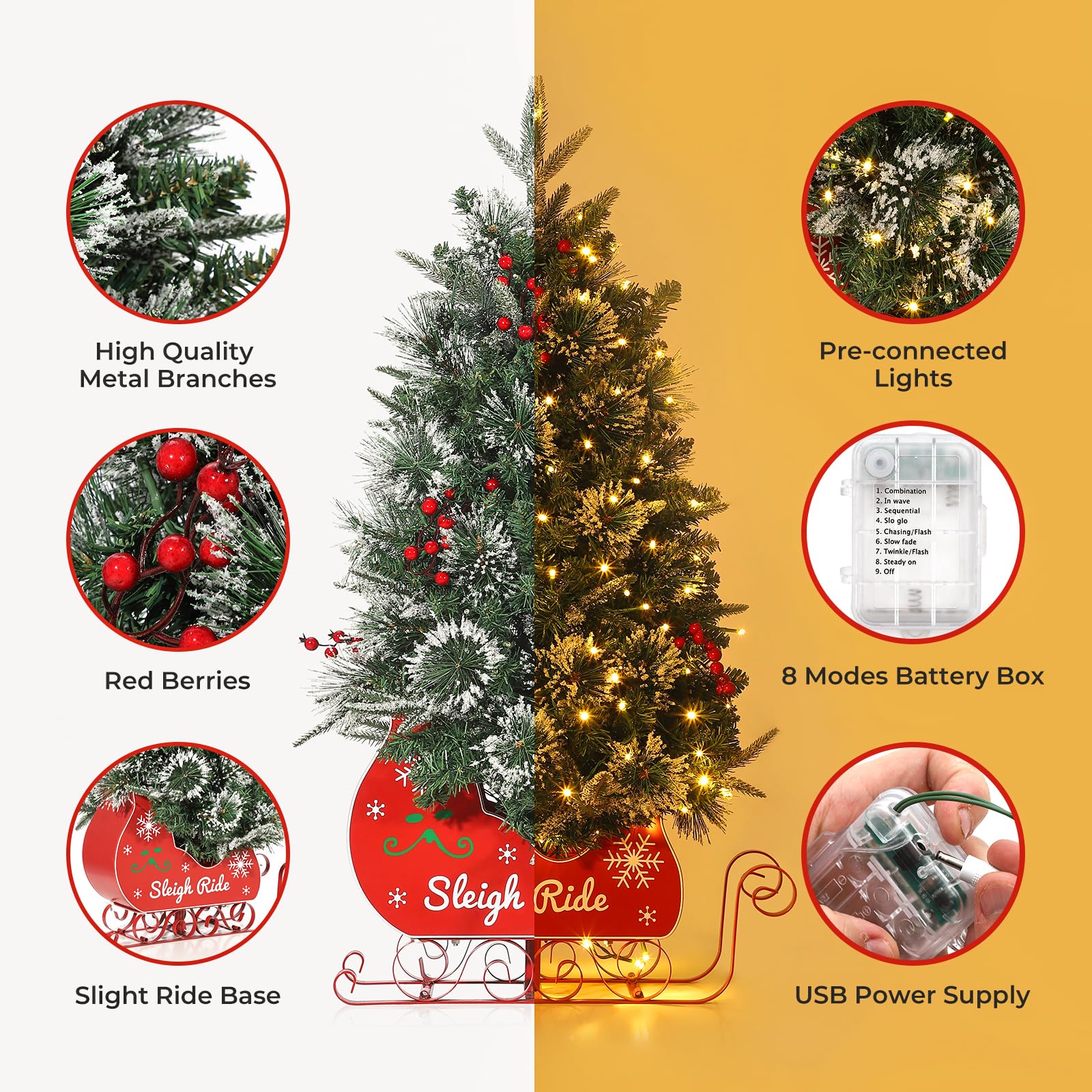 Garvee 3ft Christmas Tree with 78 Lights, Pre-Lit Artificial Desktop Xmas Tree with 8 Mode Includes Red Berries & Sleigh Base for Holiday Indoor DIY Christmas Decor, 1 PCS