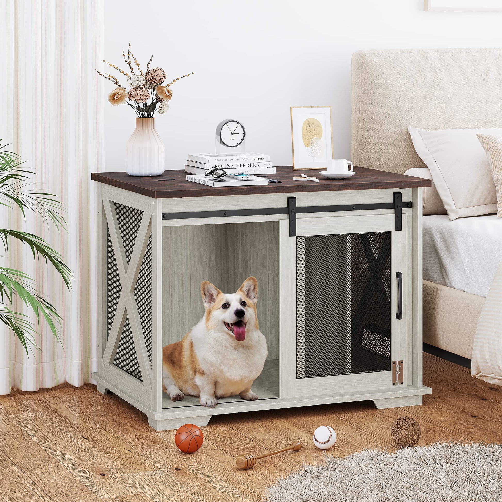 Garvee 37” Sliding Barn Door Dog Crate Furniture with Flip Top and Movable Divider, Wooden Dog Crate Table, Dog Kennel Side End Table, Furniture Style Large Dog House, White