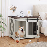 Garvee 37” Sliding Barn Door Dog Crate Furniture with Flip Top and Movable Divider, Wooden Dog Crate Table, Dog Kennel Side End Table, Furniture Style Large Dog House, White