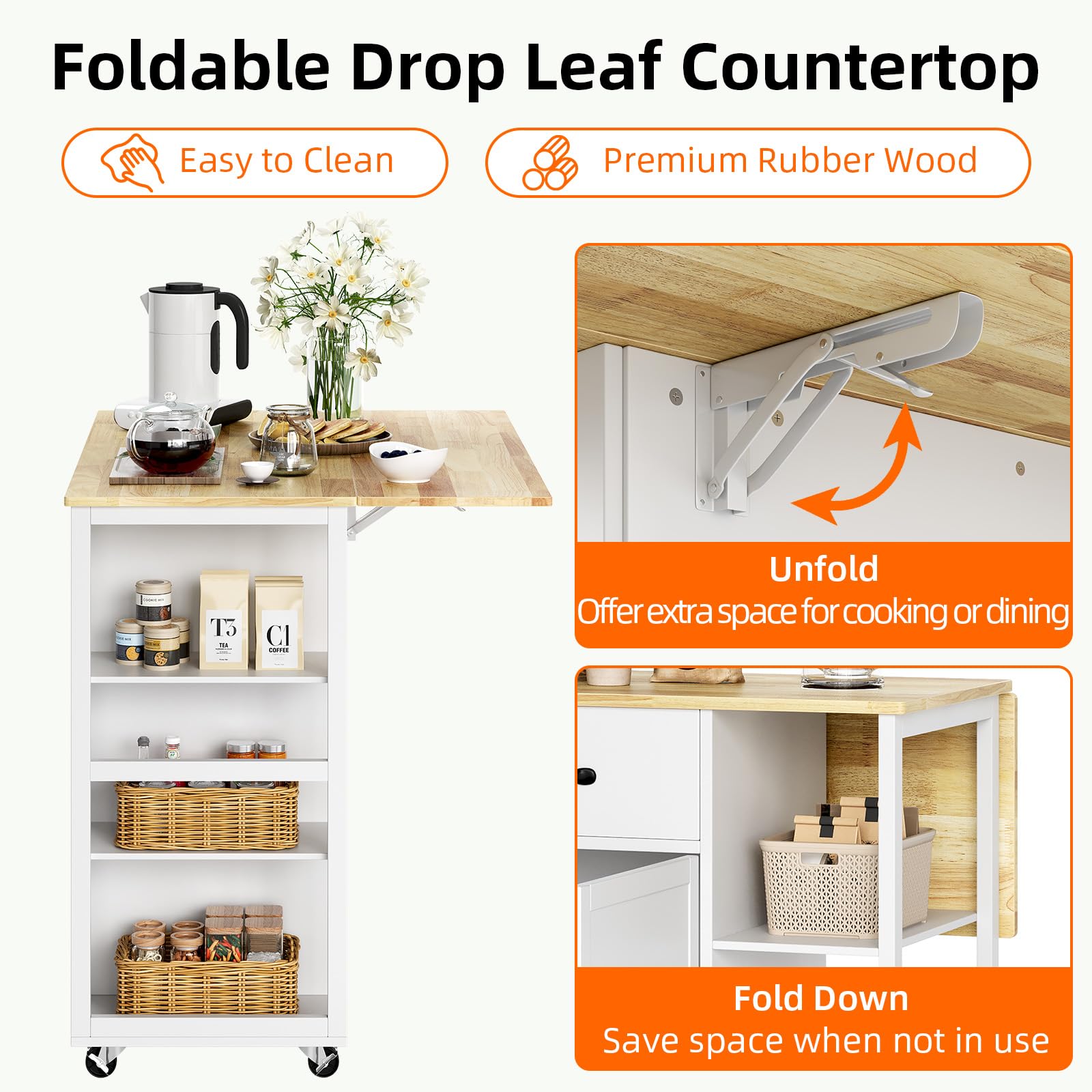 Garvee 43.12'' Wide Wood Top Kitchen Island Table with 2 Door Cabinets 2 Storage Drawers, Spice Rack Towel Rack, Wine Rack Kitchen Push Table with Folding Leaf Roller