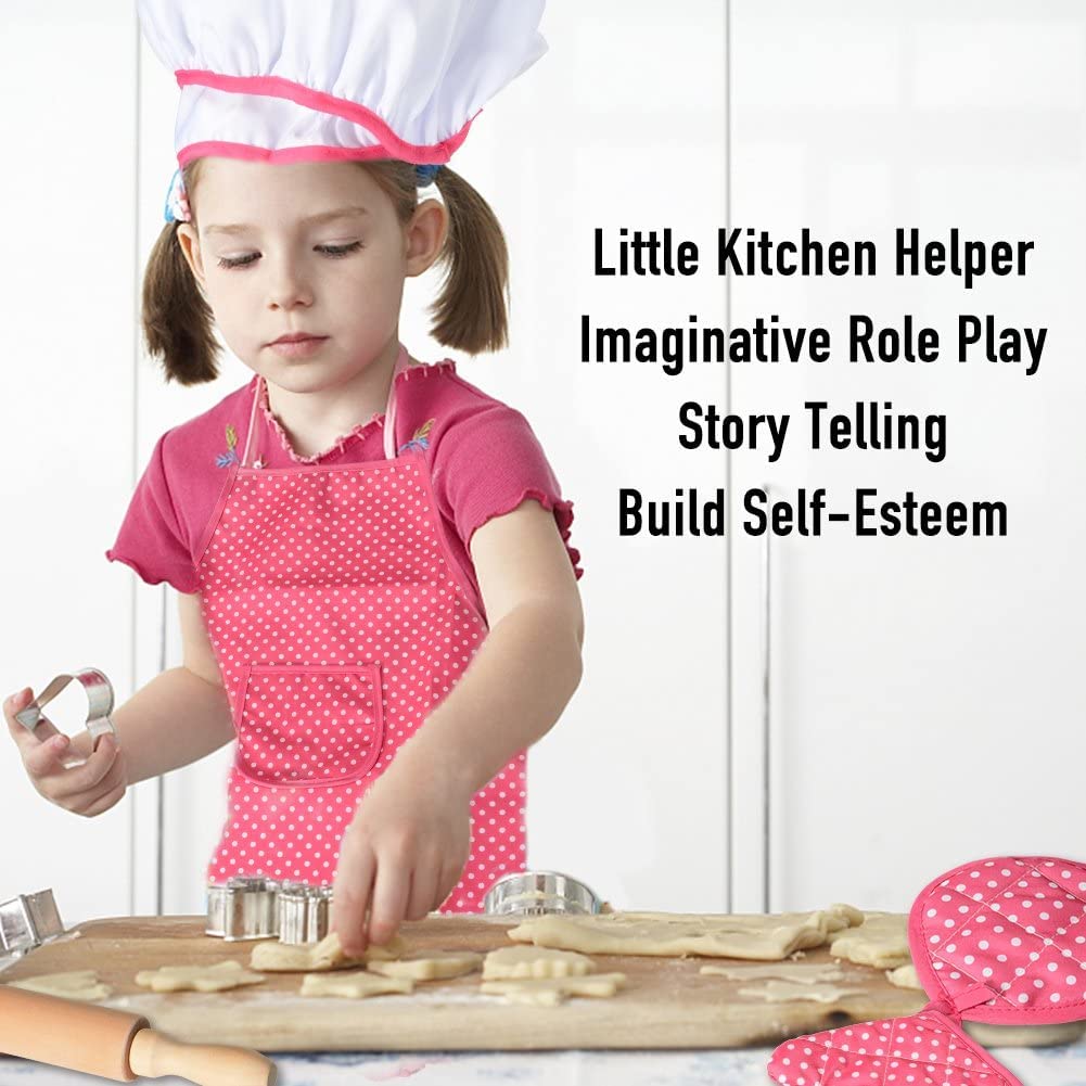 Garvee 11-Piece Kids Chef Pretend Kitchen Playset – Includes Rose Red Apron, Chef Hat, Cooking Mitt & Cookie Cutters – Fun Role Play & Baking Tools for Girls, Ideal Birthday & Christmas Gift (Color: System default_1)
