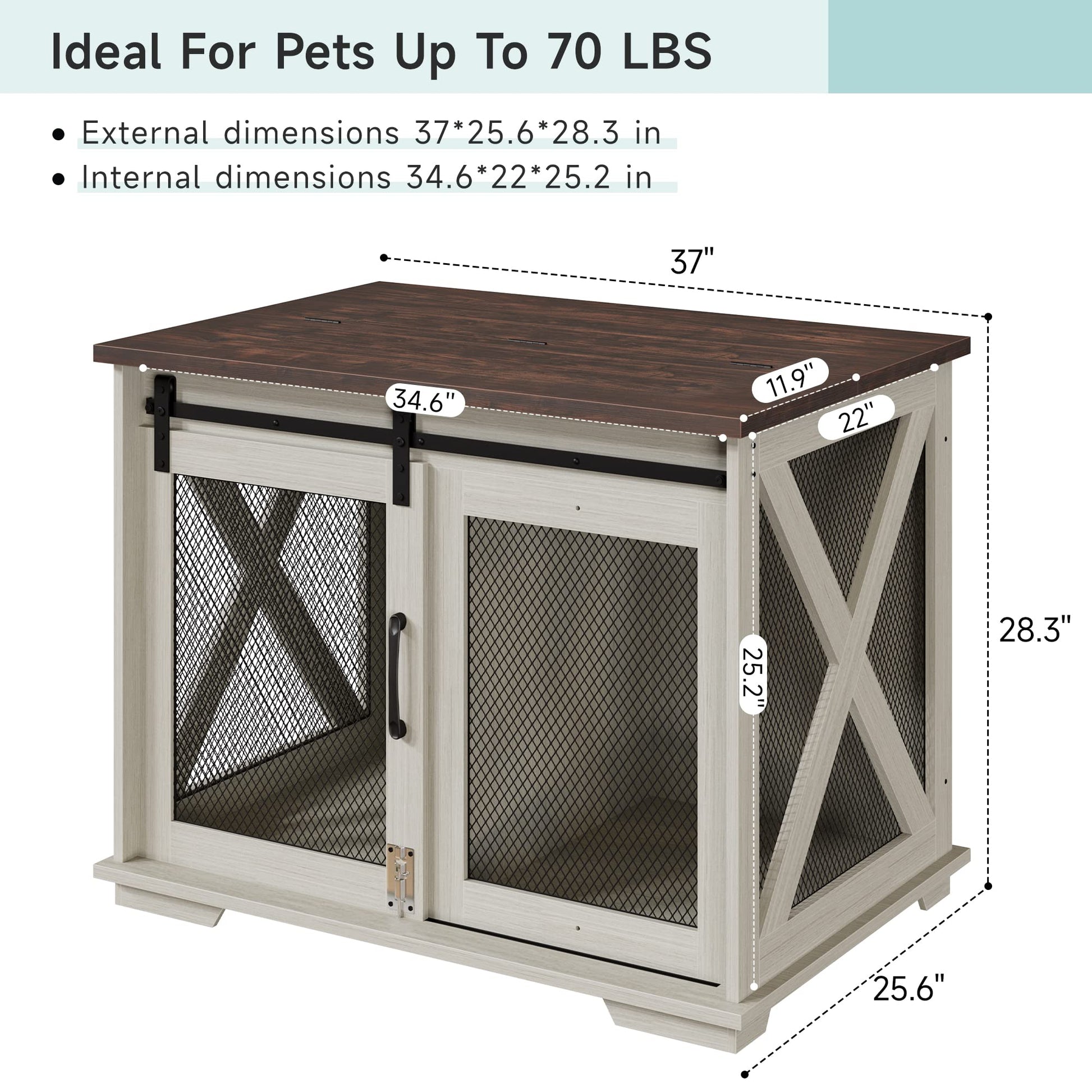Garvee 37” Sliding Barn Door Dog Crate Furniture with Flip Top and Movable Divider, Wooden Dog Crate Table, Dog Kennel Side End Table, Furniture Style Large Dog House, White