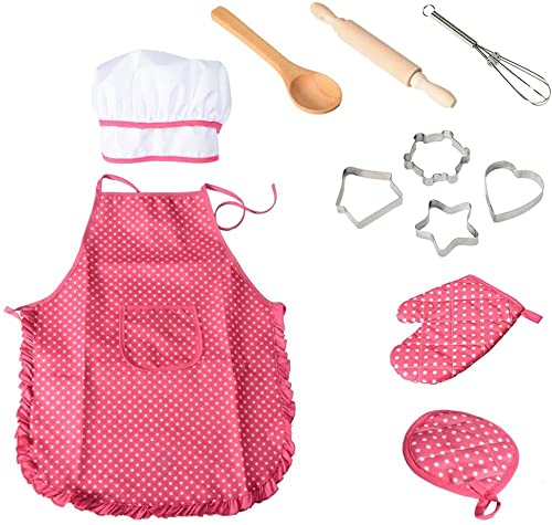 Garvee 11-Piece Kids Chef Pretend Kitchen Playset – Includes Rose Red Apron, Chef Hat, Cooking Mitt & Cookie Cutters – Fun Role Play & Baking Tools for Girls, Ideal Birthday & Christmas Gift (Color: System default_1)