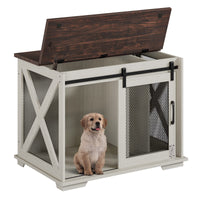 Garvee 37” Sliding Barn Door Dog Crate Furniture with Flip Top and Movable Divider, Wooden Dog Crate Table, Dog Kennel Side End Table, Furniture Style Large Dog House, White
