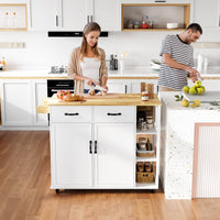 Garvee 43.12'' Wide Wood Top Kitchen Island Table with 2 Door Cabinets 2 Storage Drawers, Spice Rack Towel Rack, Wine Rack Kitchen Push Table with Folding Leaf Roller