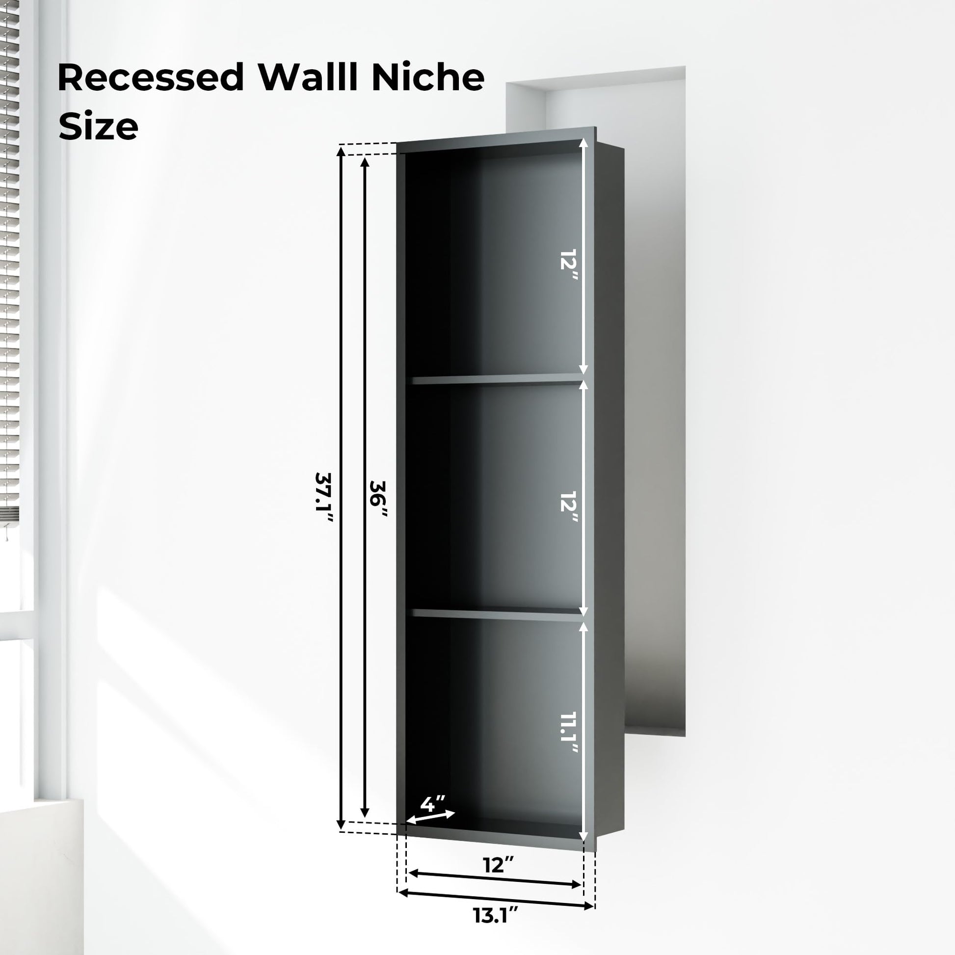 Garvee Stainless Steel Shower Niches Ready for Tile, 12" x 36" Modern Soap Niche, 3-Tier Organizer, No Tile Needed Recessed Wall Niche for Bathroom Storage, Black