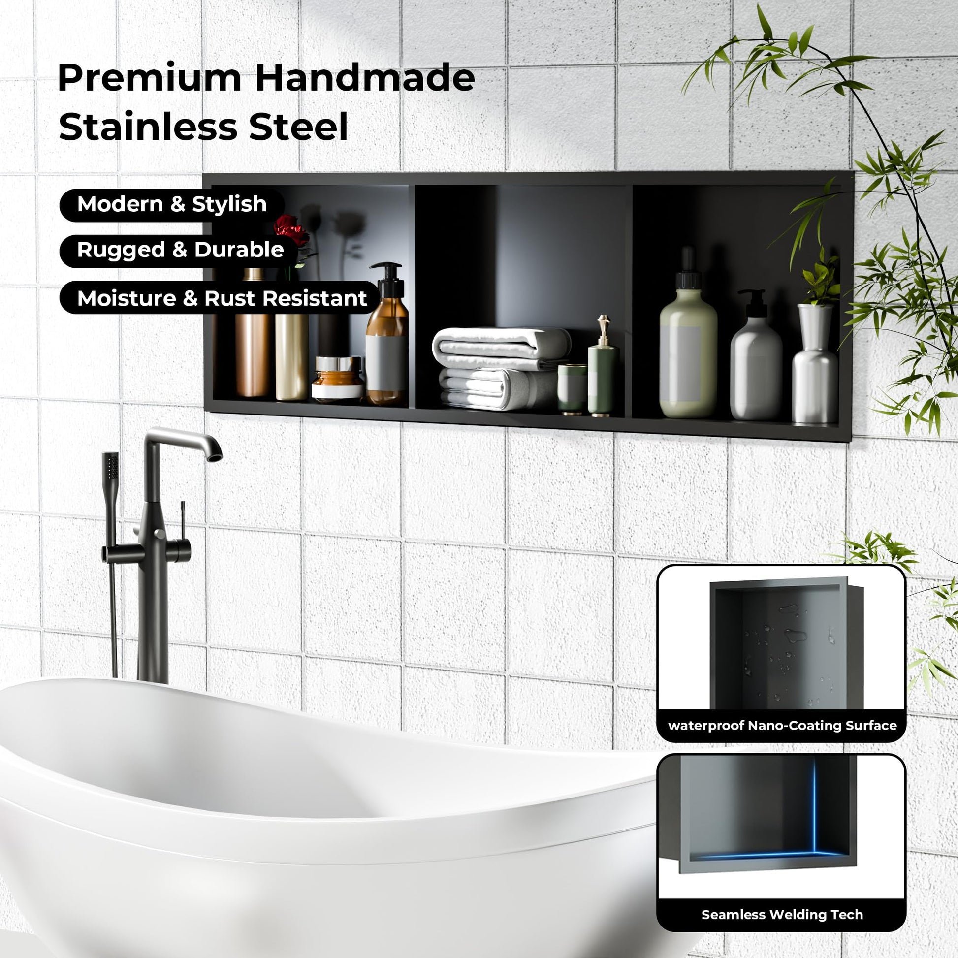 Garvee Stainless Steel Shower Niches Ready for Tile, 12" x 36" Modern Soap Niche, 3-Tier Organizer, No Tile Needed Recessed Wall Niche for Bathroom Storage, Black