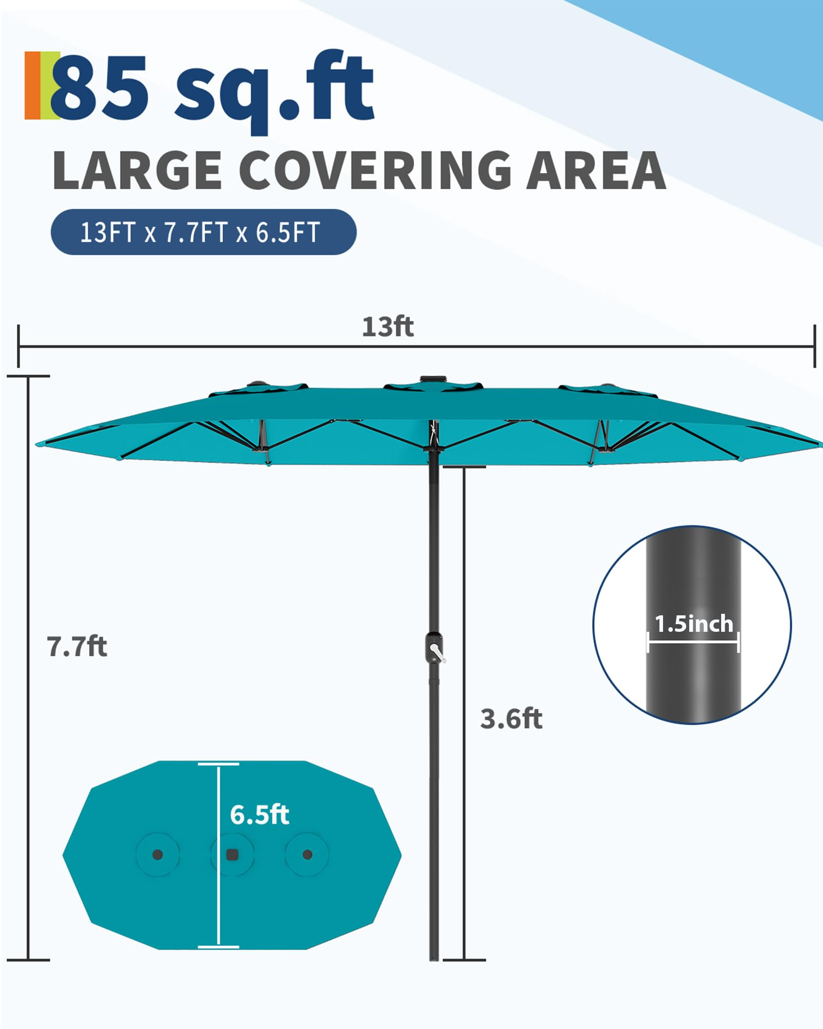 Garvee 13' Double-Sided Umbrella, Outdoor Patio Umbrellas, Rectangle Market Umbrella with Crank Handle, Large Patio Umbrell for Poolside Backyard, Mist Blue