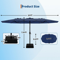 Garvee 15' Solar-Powered Patio Umbrella with 36 LED Lights, Double-Sided Design & Cross Base for Poolside, Deck, Backyard, Navy Blue