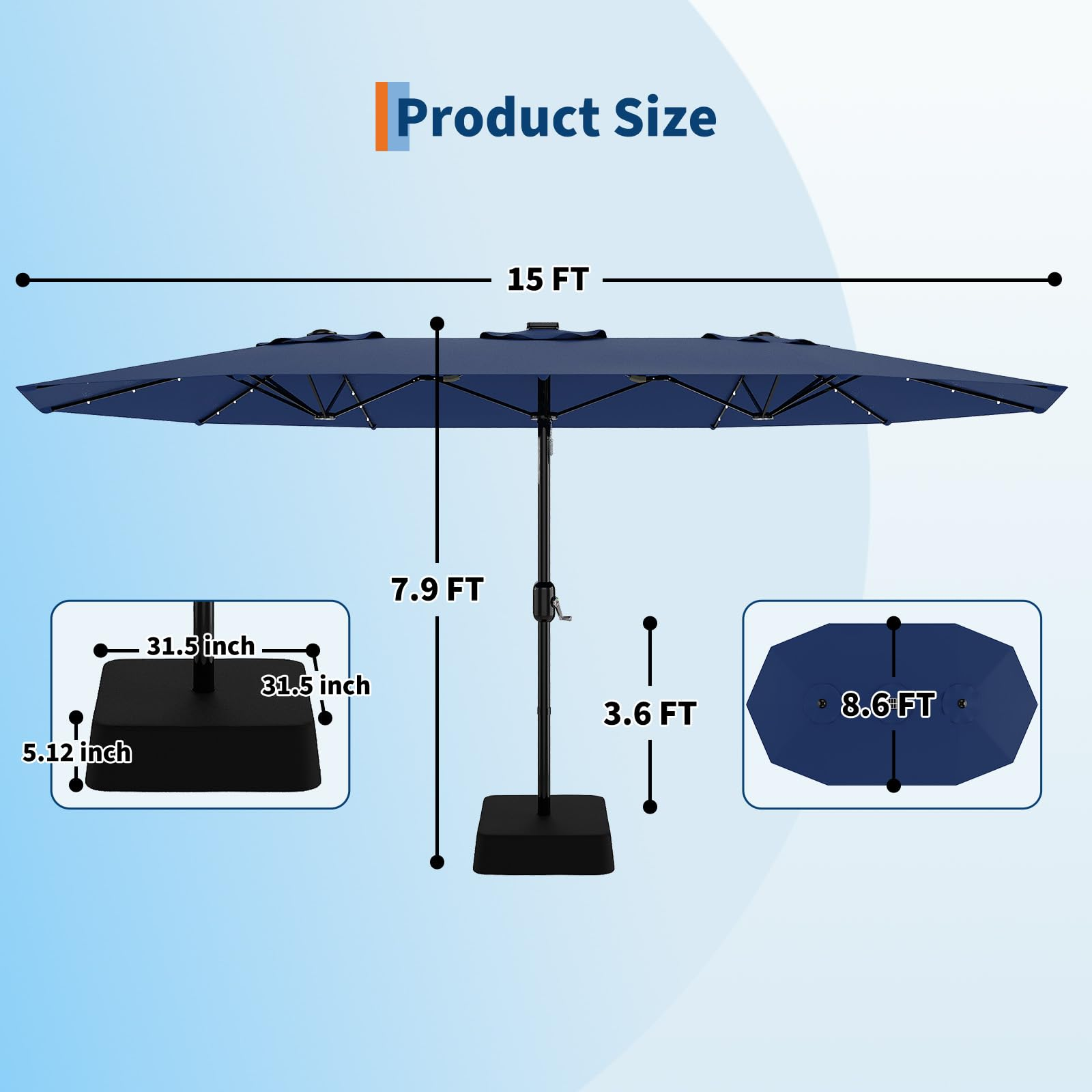 Garvee 15' Large Patio Umbrella with Base, Outdoor Double-Sided Rectangle Market Umbrella Outside Umbrellas for Poolside Lawn Backyard, Navy Blue