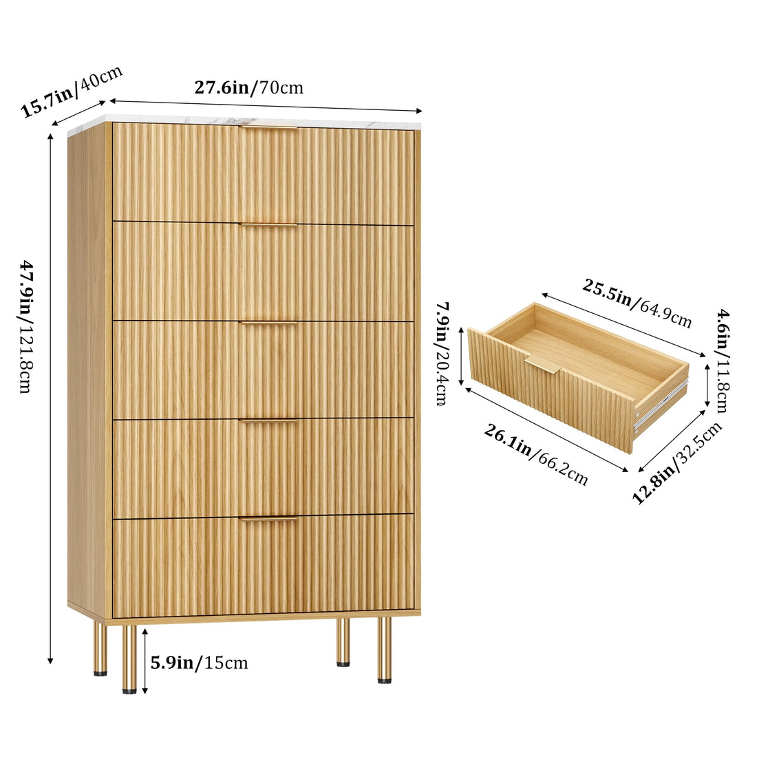 Garvee 5 Drawers Dresser for Bedroom, Fluted Dresser Chest of Drawers with Handle, Wood Modern Dressers for Closet, Bedroom Furniture Storage Organizer for Living Room, Hallway