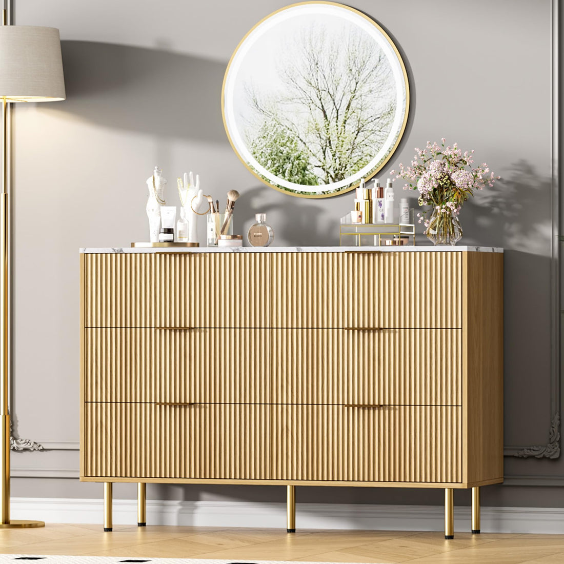 Garvee Fluted Dresser with 6 Drawers, 56" Wide Modern Chest of Drawers with Curved Profile Design, Wooden Dresser TV Stand, Wood Drawer Organizer for Bedroom, Living Room, Hallway, Natural Oak