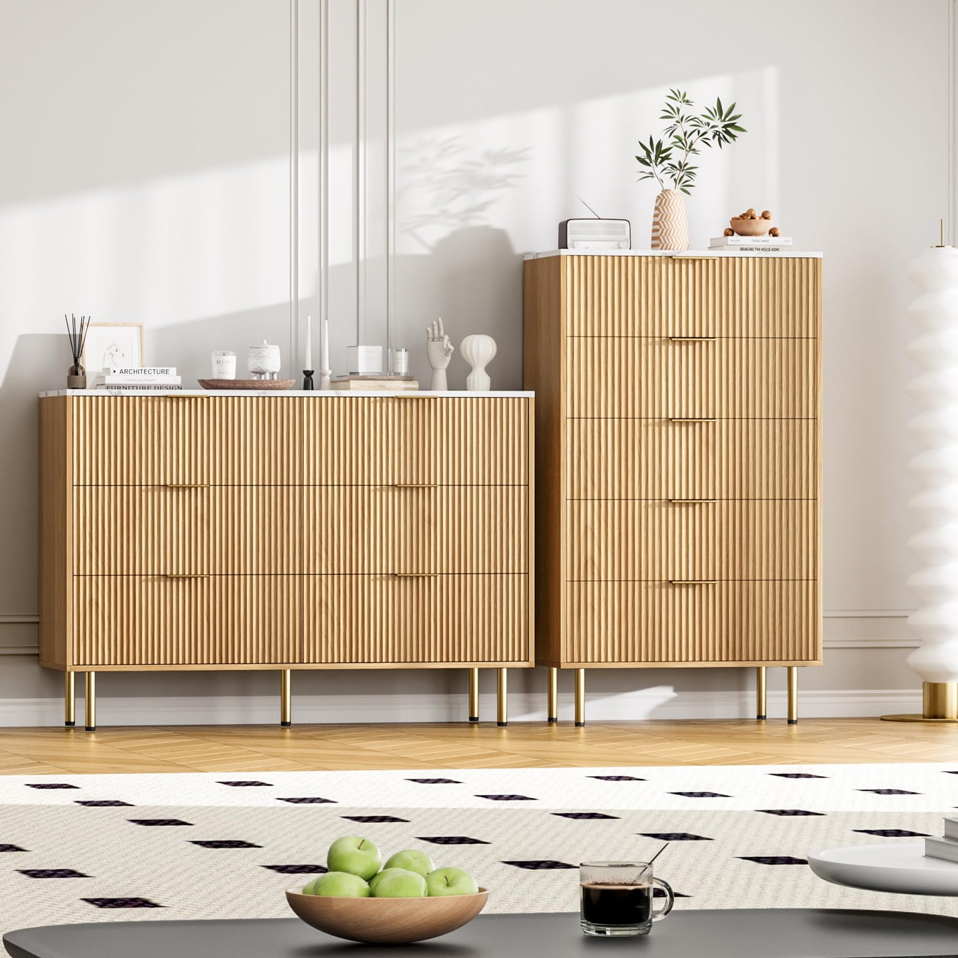 Garvee Fluted Dresser with 6 Drawers, 56" Wide Modern Chest of Drawers with Curved Profile Design, Wooden Dresser TV Stand, Wood Drawer Organizer for Bedroom, Living Room, Hallway, Natural Oak