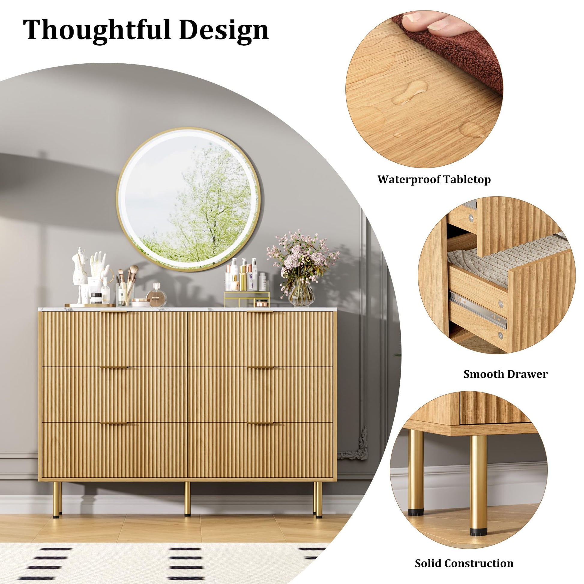 Garvee Fluted Dresser with 6 Drawers, 56" Wide Modern Chest of Drawers with Curved Profile Design, Wooden Dresser TV Stand, Wood Drawer Organizer for Bedroom, Living Room, Hallway, Natural Oak