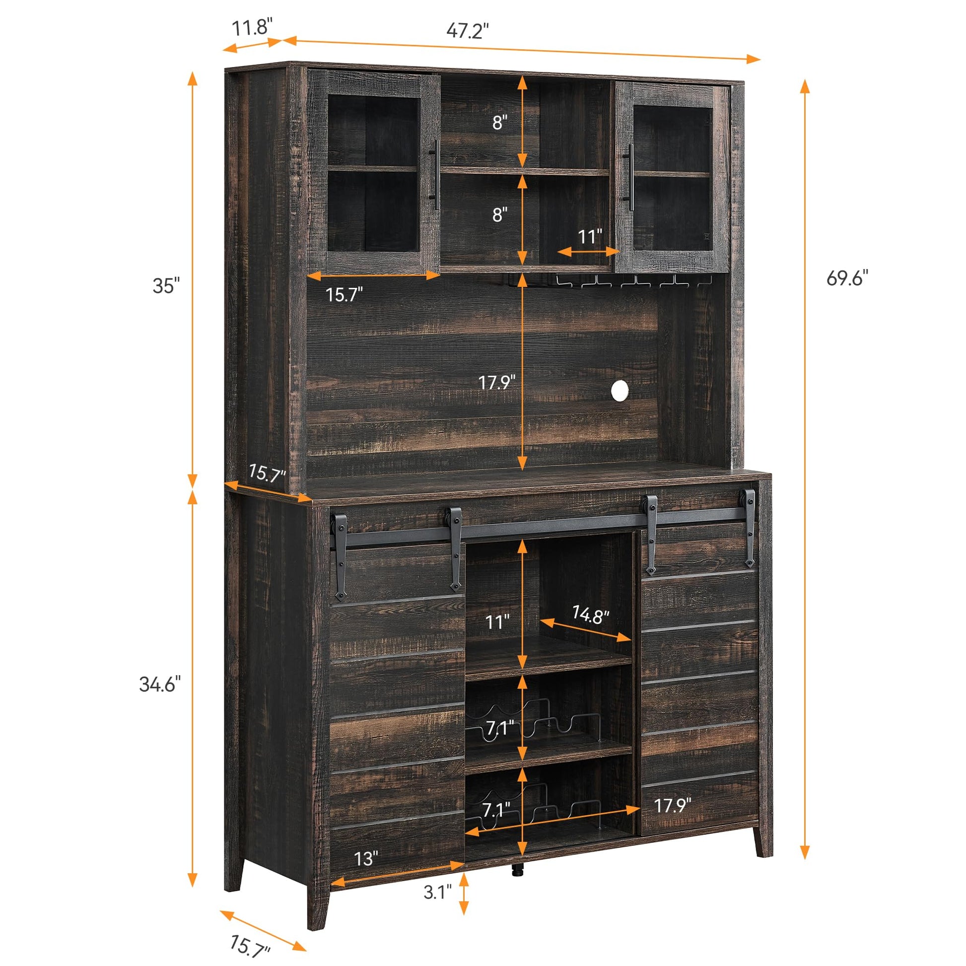Garvee 70'' Wine Coffee Bar Cabinet with Storage Hutch, Tall Kitchen Pantry Liquor Cabinet with Sliding Barn Doors, Bottle Glasses Rack, Farmhouse Buffet for Home Dining Room, Oak