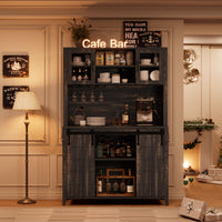 Garvee 70'' Wine Coffee Bar Cabinet with Storage Hutch, Tall Kitchen Pantry Liquor Cabinet with Sliding Barn Doors, Bottle Glasses Rack, Farmhouse Buffet for Home Dining Room, Oak