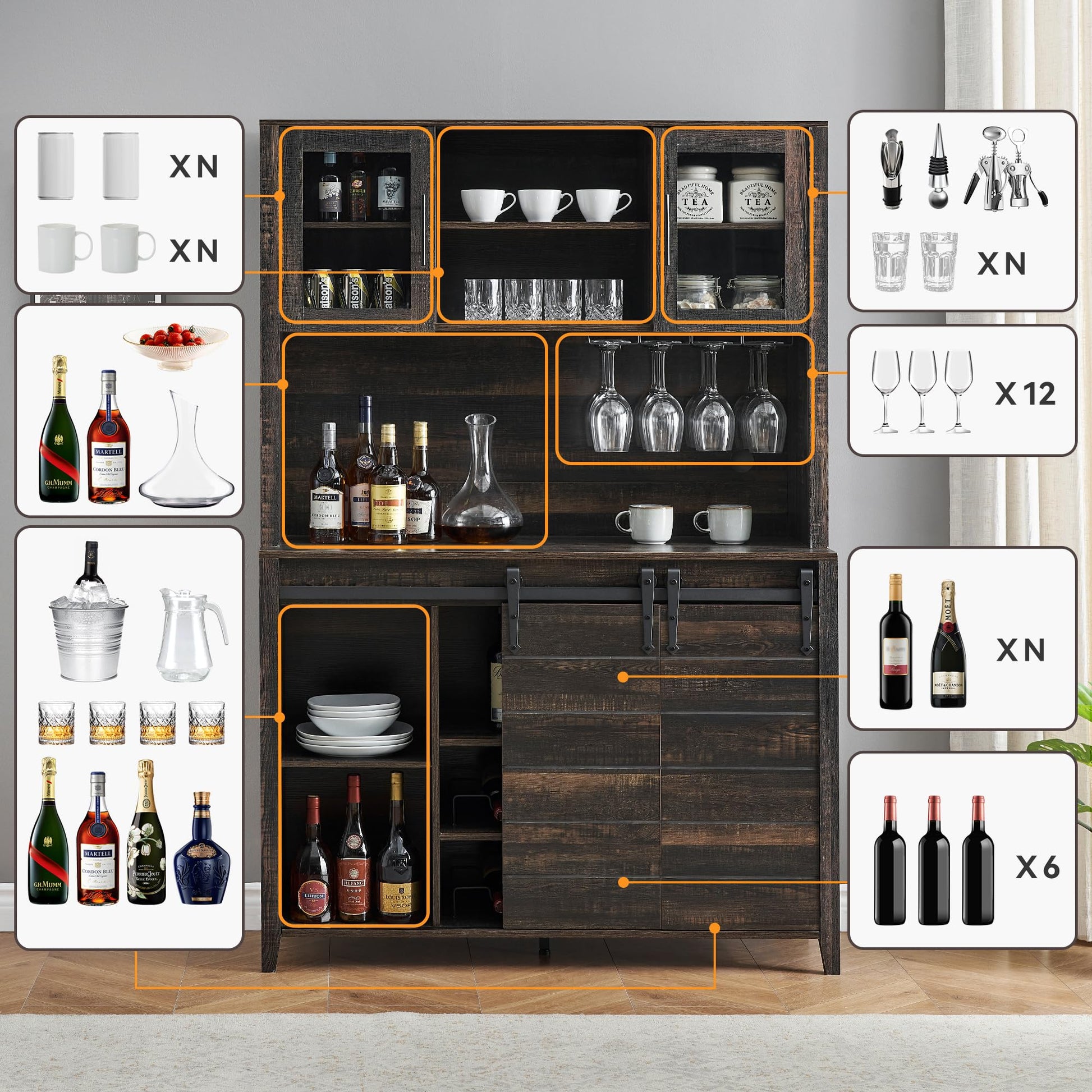 Garvee 70'' Wine Coffee Bar Cabinet with Storage Hutch, Tall Kitchen Pantry Liquor Cabinet with Sliding Barn Doors, Bottle Glasses Rack, Farmhouse Buffet for Home Dining Room, Oak
