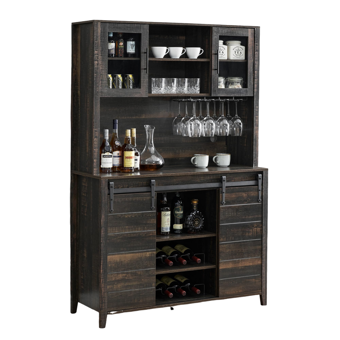 Garvee 70'' Wine Coffee Bar Cabinet with Storage Hutch, Tall Kitchen Pantry Liquor Cabinet with Sliding Barn Doors, Bottle Glasses Rack, Farmhouse Buffet for Home Dining Room, Oak