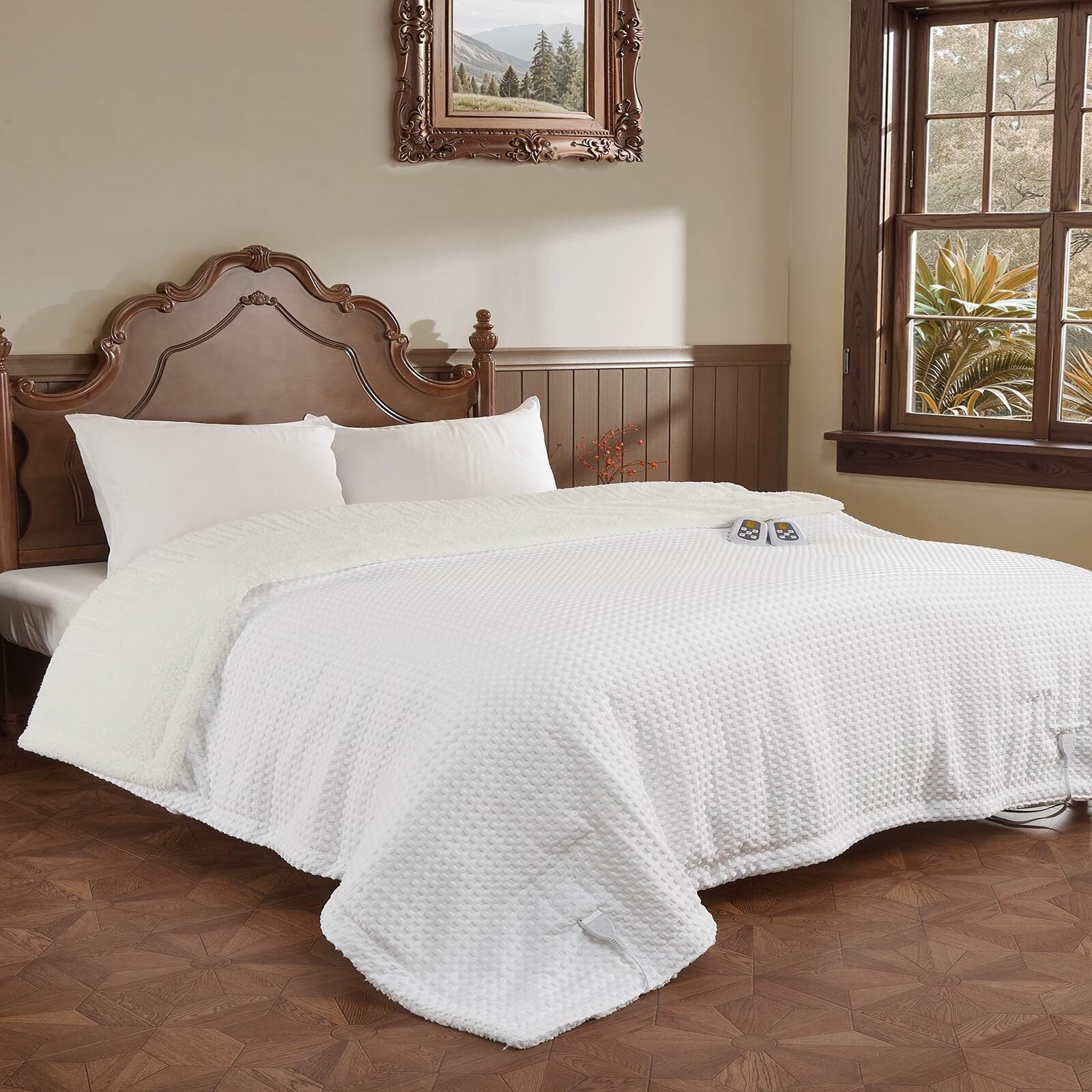 Garvee Heated Blanket Queen Size with LCD Dual Controller, Waffle Weave Fast Heating Electric Blankets, 10 Heat Levels & 1-12H Time Settings, ETL Certified, Machine Washable, Off White, 84" x 90"