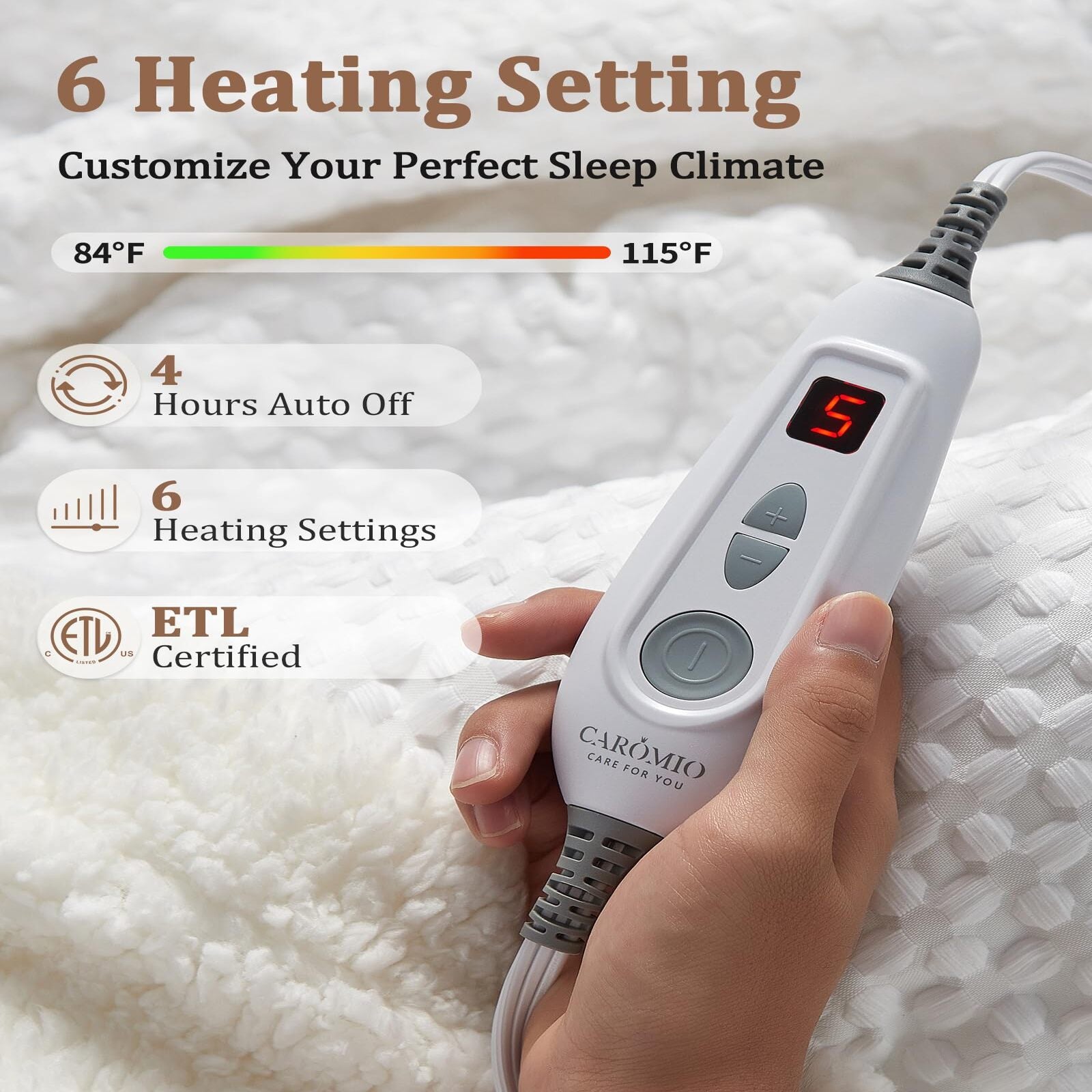 Garvee Heated Blanket Throw, Waffle Weave Electric Throw Blanket Fast Heating with LCD Controller, 6 Heat Levels & 4 Hour Auto Shut Off, ETL Certified, Machine Washable, White, 50" x 60"