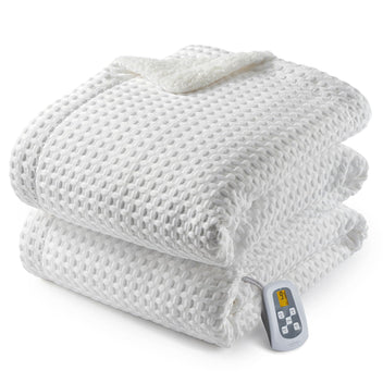 Garvee Heated Blanket Twin Size, Waffle Weave Electric Throw Blanket Fast Heating with LCD Controller, 10 Heat Levels & 1-12H Time Settings Auto Off, ETL Certified, Off White, 62" x 84"