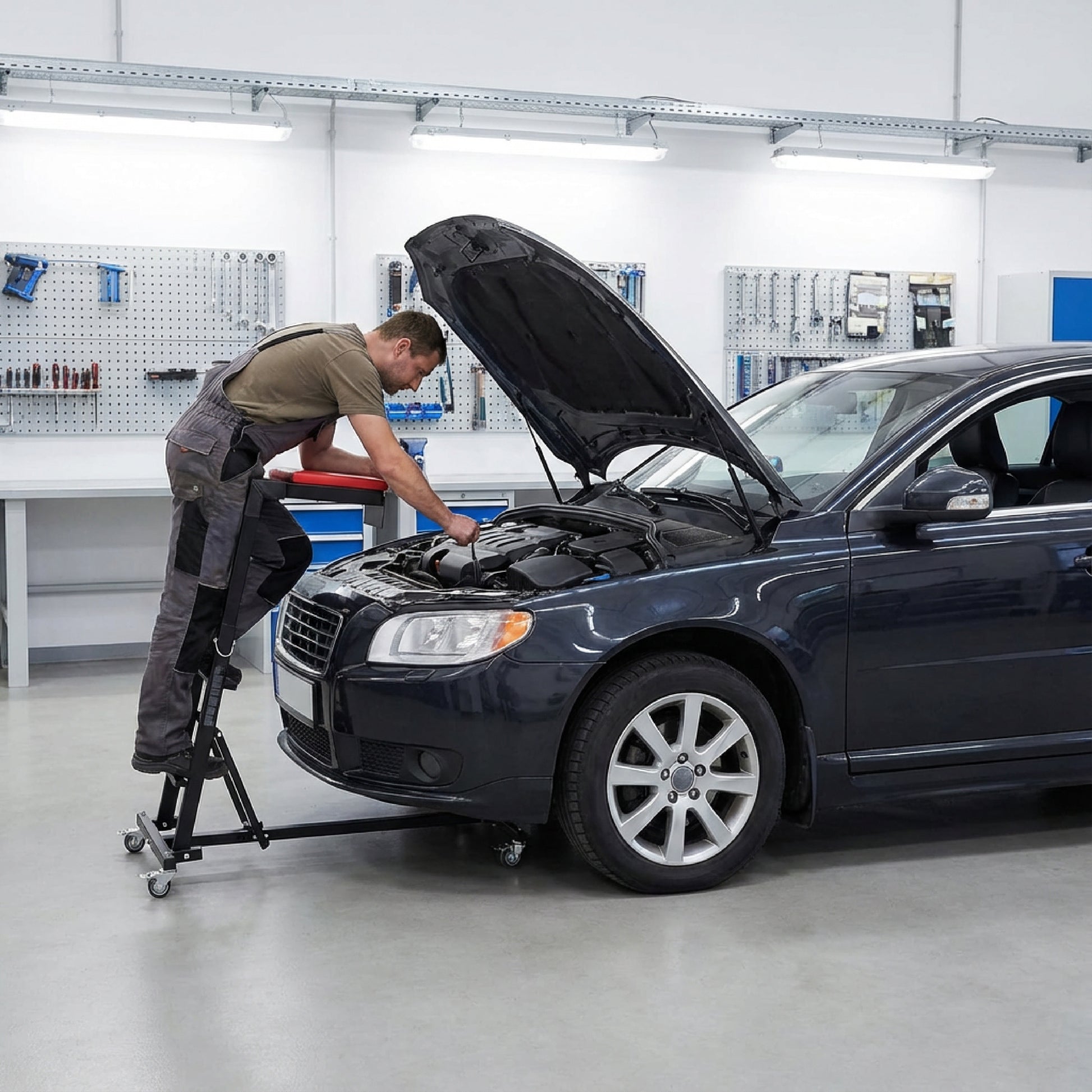 Garvee Foldable Topside Automotive Creeper, 53"-70" Adjustable Height 400lbs Capacity Engine Creeper with Padded Deck & Locking Swivel Casters for Garage Workshop Repair Maintenance, I-Base, Black