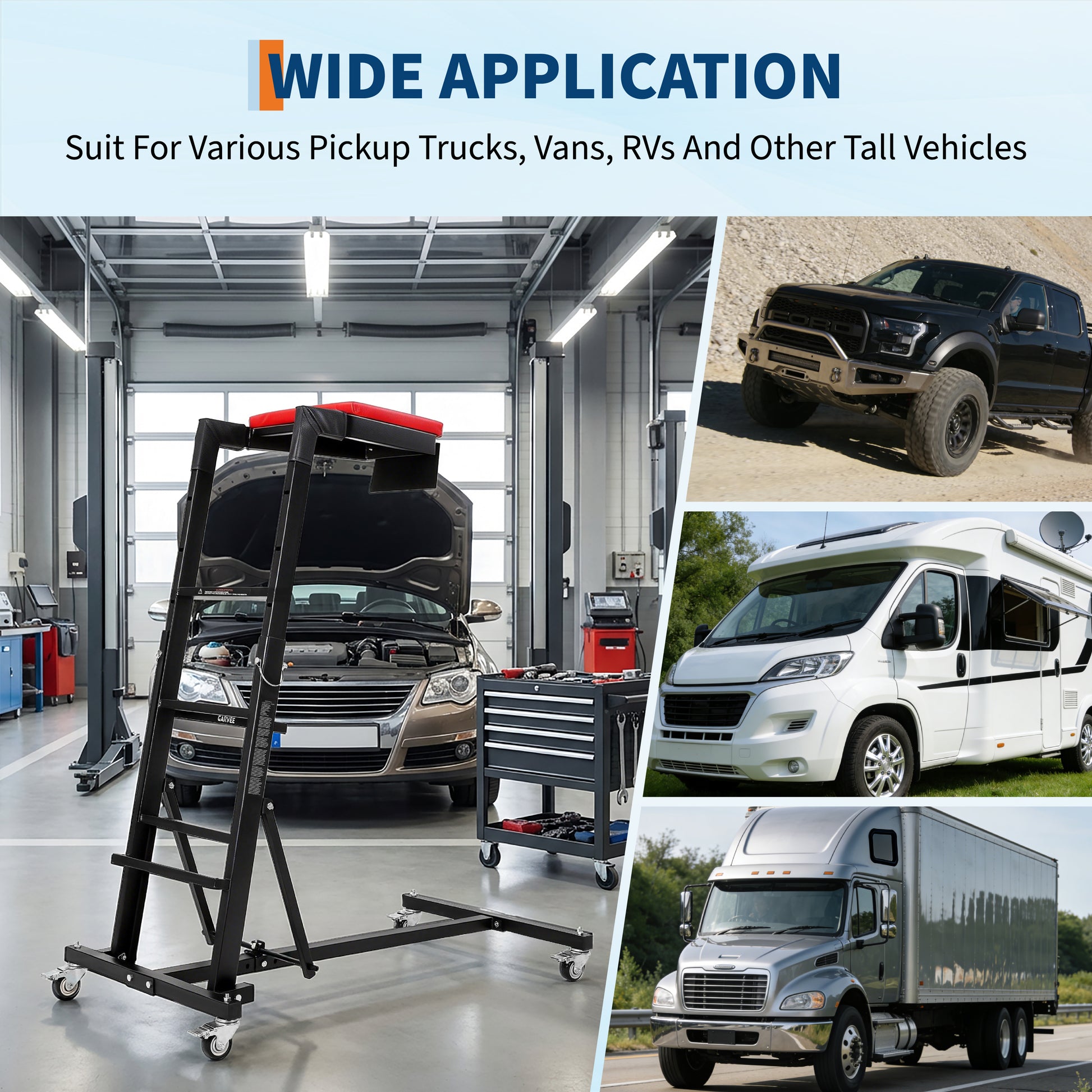 Garvee Foldable Topside Automotive Creeper, 53"-70" Adjustable Height 400lbs Capacity Engine Creeper with Padded Deck & Locking Swivel Casters for Garage Workshop Repair Maintenance, I-Base, Black