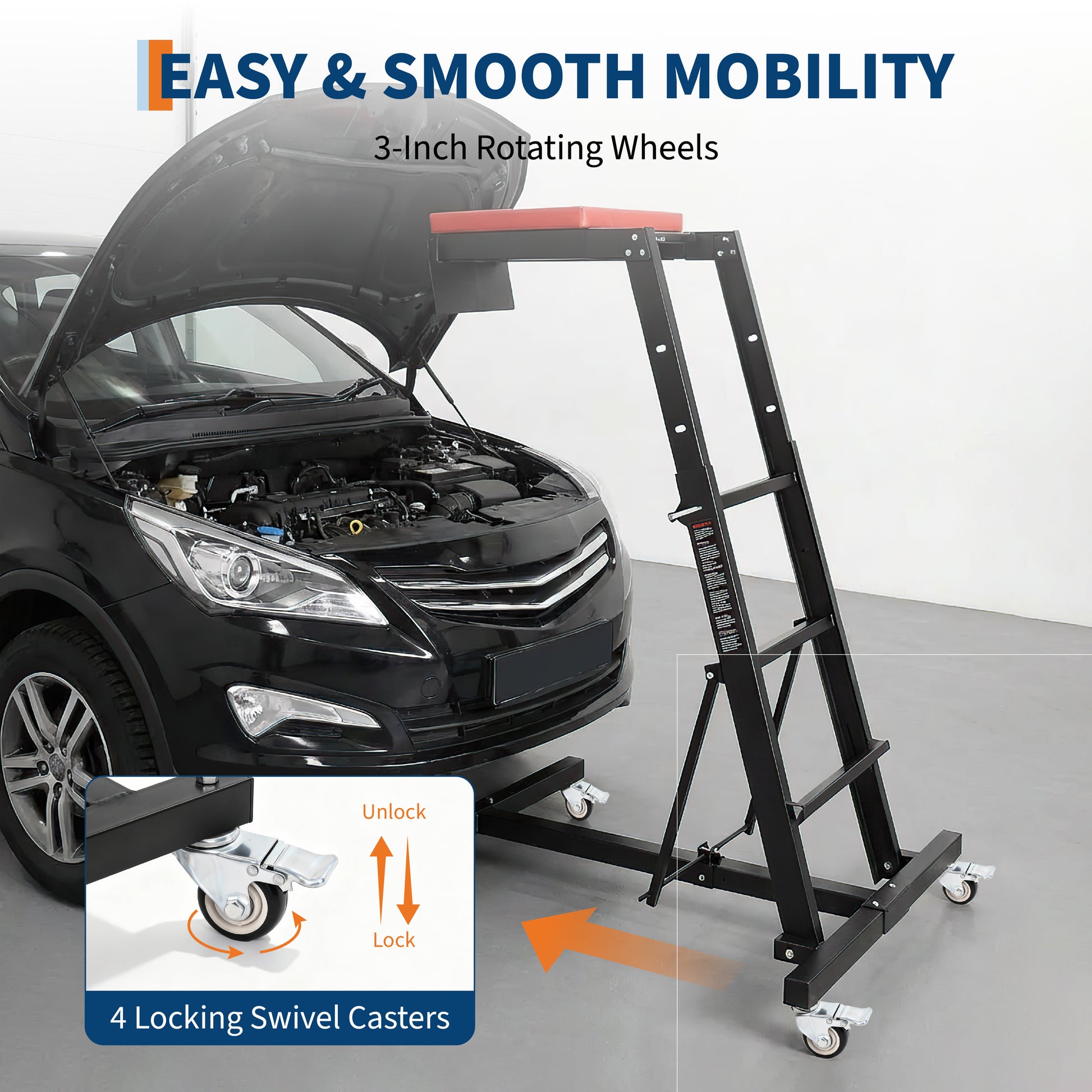 Garvee Foldable Topside Automotive Creeper, 53"-70" Adjustable Height 400lbs Capacity Engine Creeper with Padded Deck & Locking Swivel Casters for Garage Workshop Repair Maintenance, I-Base, Black