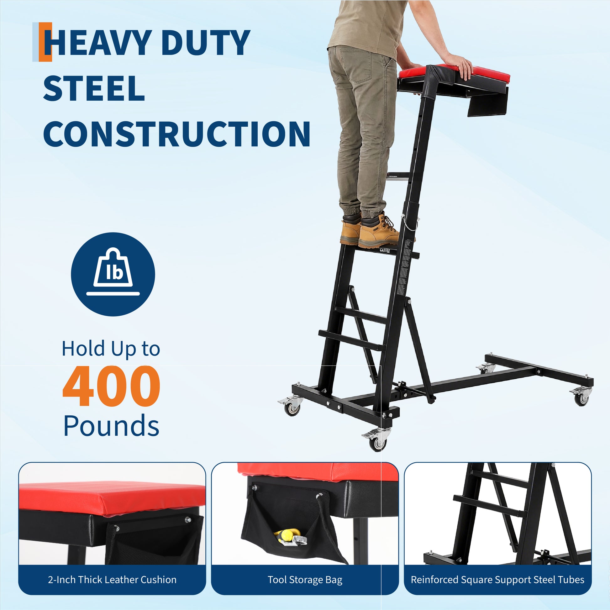 Garvee Foldable Topside Automotive Creeper, 53"-70" Adjustable Height 400lbs Capacity Engine Creeper with Padded Deck & Locking Swivel Casters for Garage Workshop Repair Maintenance, I-Base, Black