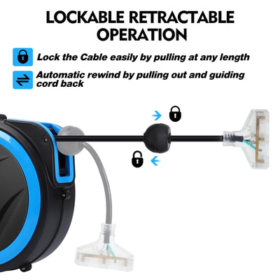 GARVEE Retractable Extension Cord Reel 40ft Heavy Duty Power Cord 3-Lighted Triple Outlets Blue