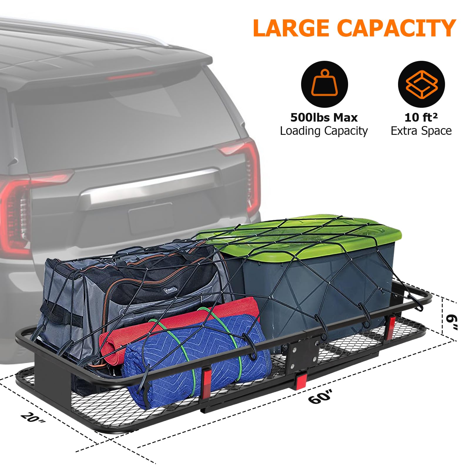 60x20x6 Inch 500lb Capacity Folding Cargo Basket , Hitch Mount