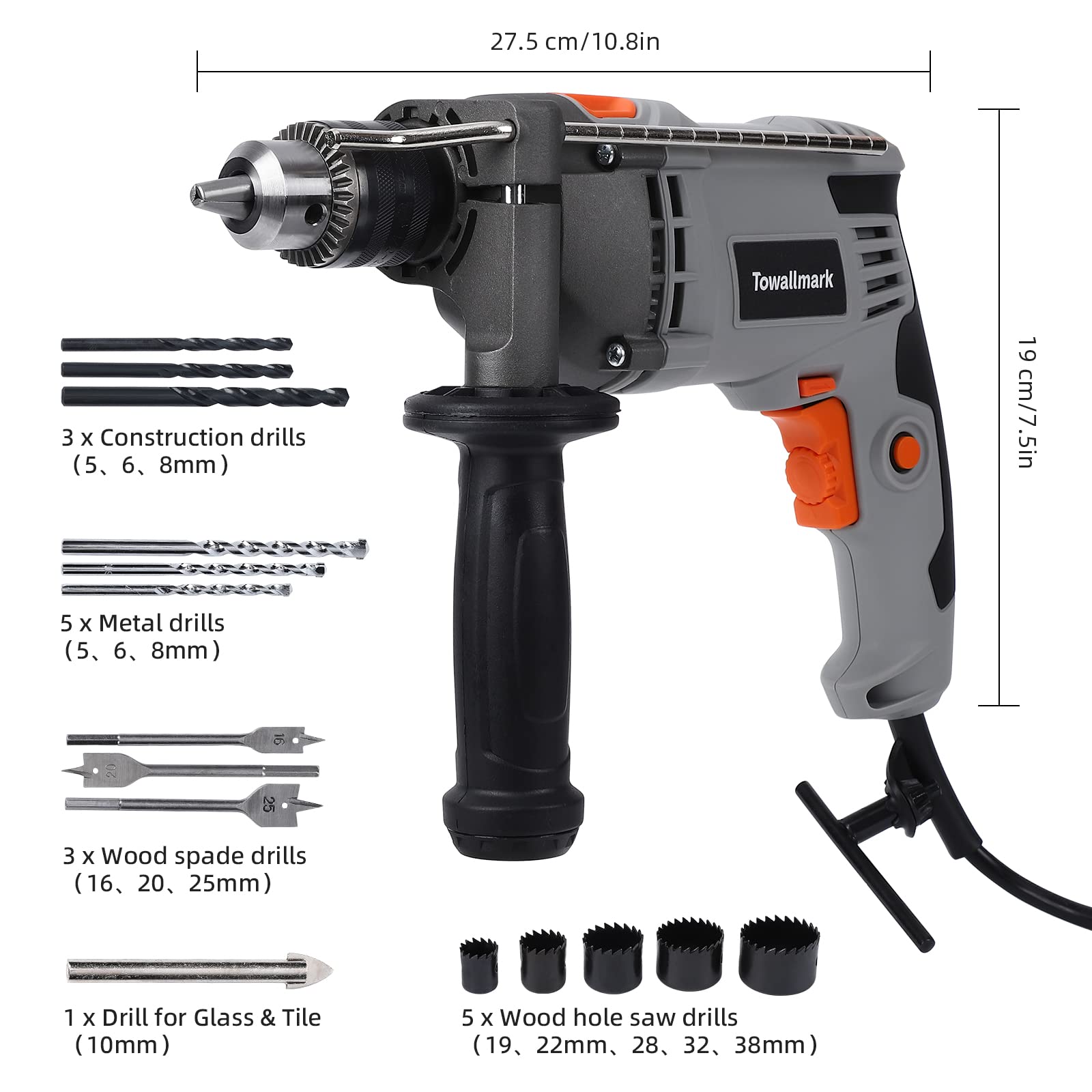 Towallmark 7.5-Amp Hammer Drill with Aluminum Alloy Housing, 1/2-Inch Corded Electric Hammer Drill with 3000RPM, Variable Speed, 15 Drill Bits with Toolbox for Home Improvement,