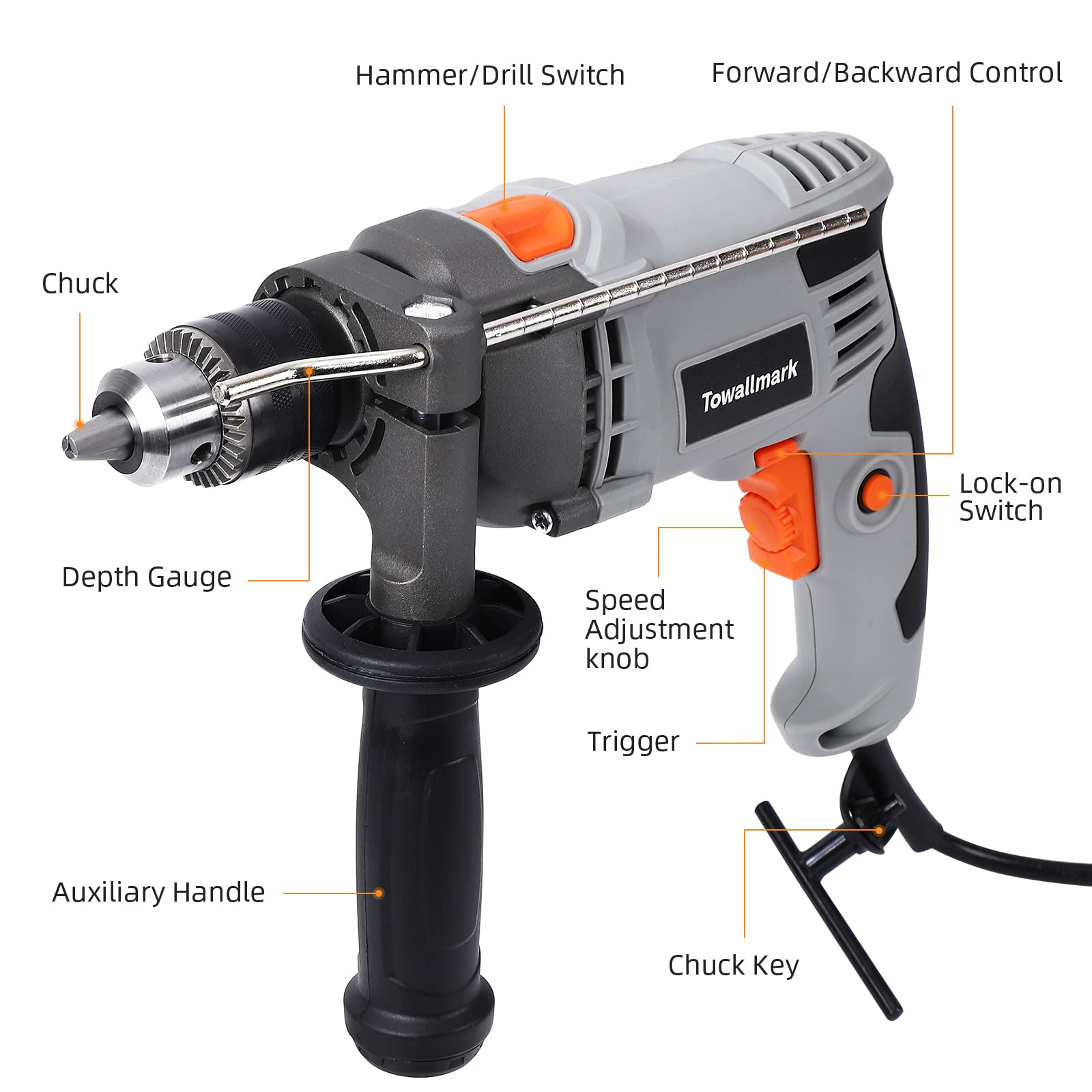 Towallmark 7.5-Amp Hammer Drill with Aluminum Alloy Housing, 1/2-Inch Corded Electric Hammer Drill with 3000RPM, Variable Speed, 15 Drill Bits with Toolbox for Home Improvement,