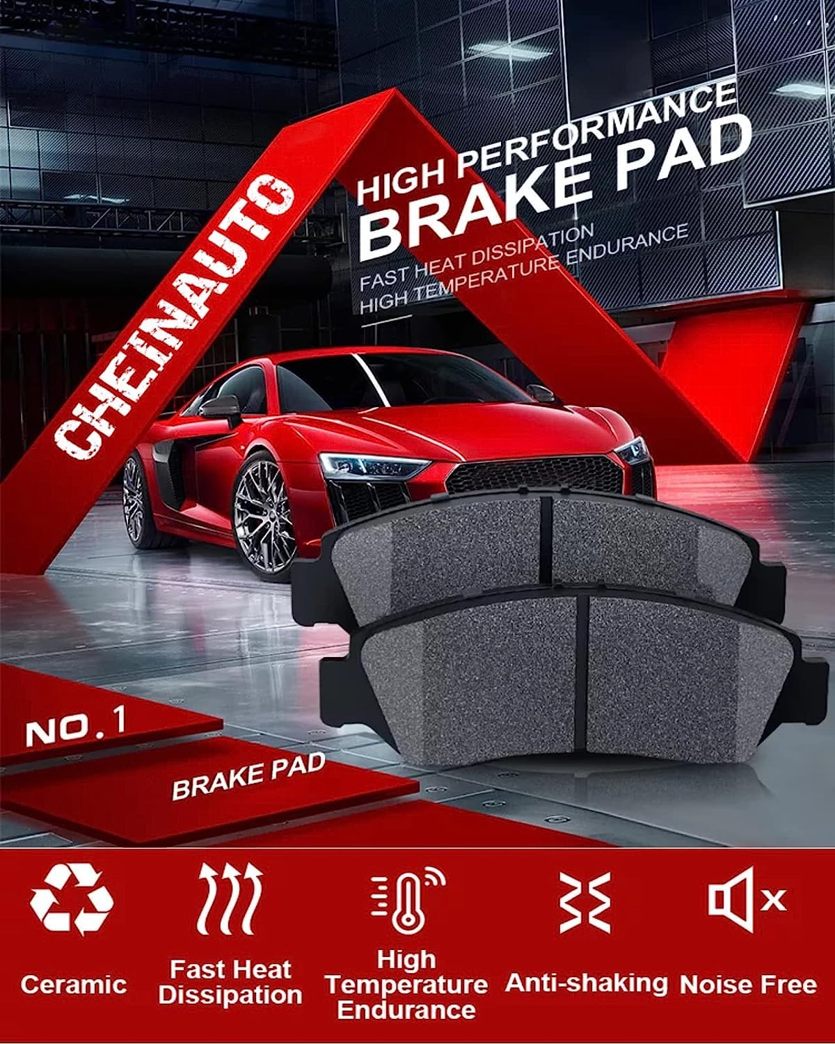 Rear Brake Pads with Hardware, 4 PCS Ceremic Brake Pads Set