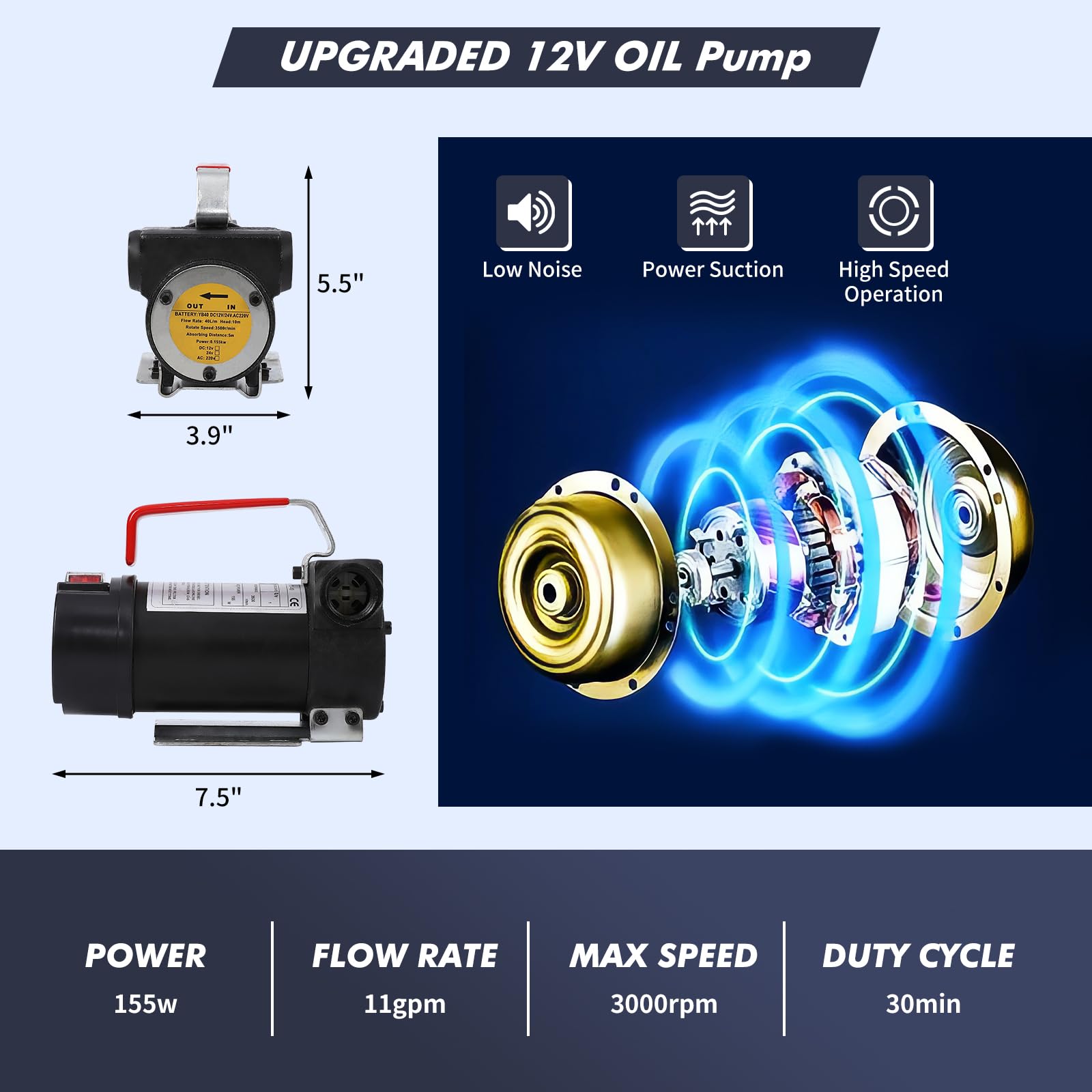 12V DC Electric Fuel Transfer Pump Kit,10GPM/40LPM,Self-Priming