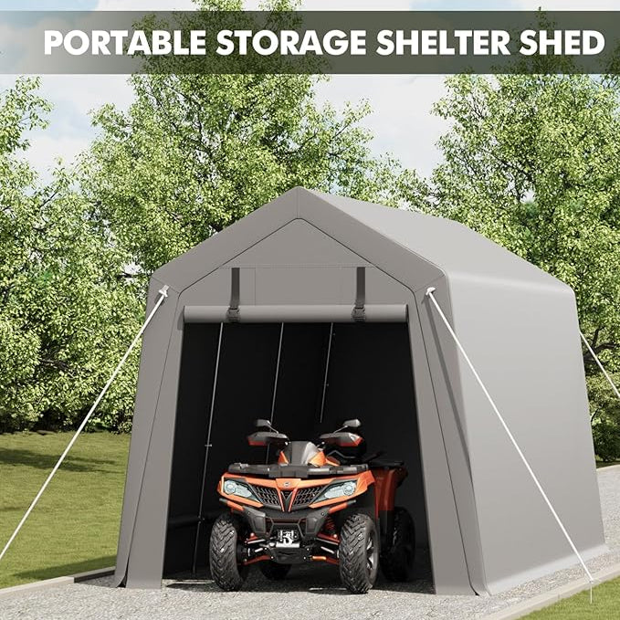 Garvee 10'x15' Portable Carport with Rolled-Up Zipper Door - Waterproof Garage for Motorcycle, Bike & Firewood Storage, Grey