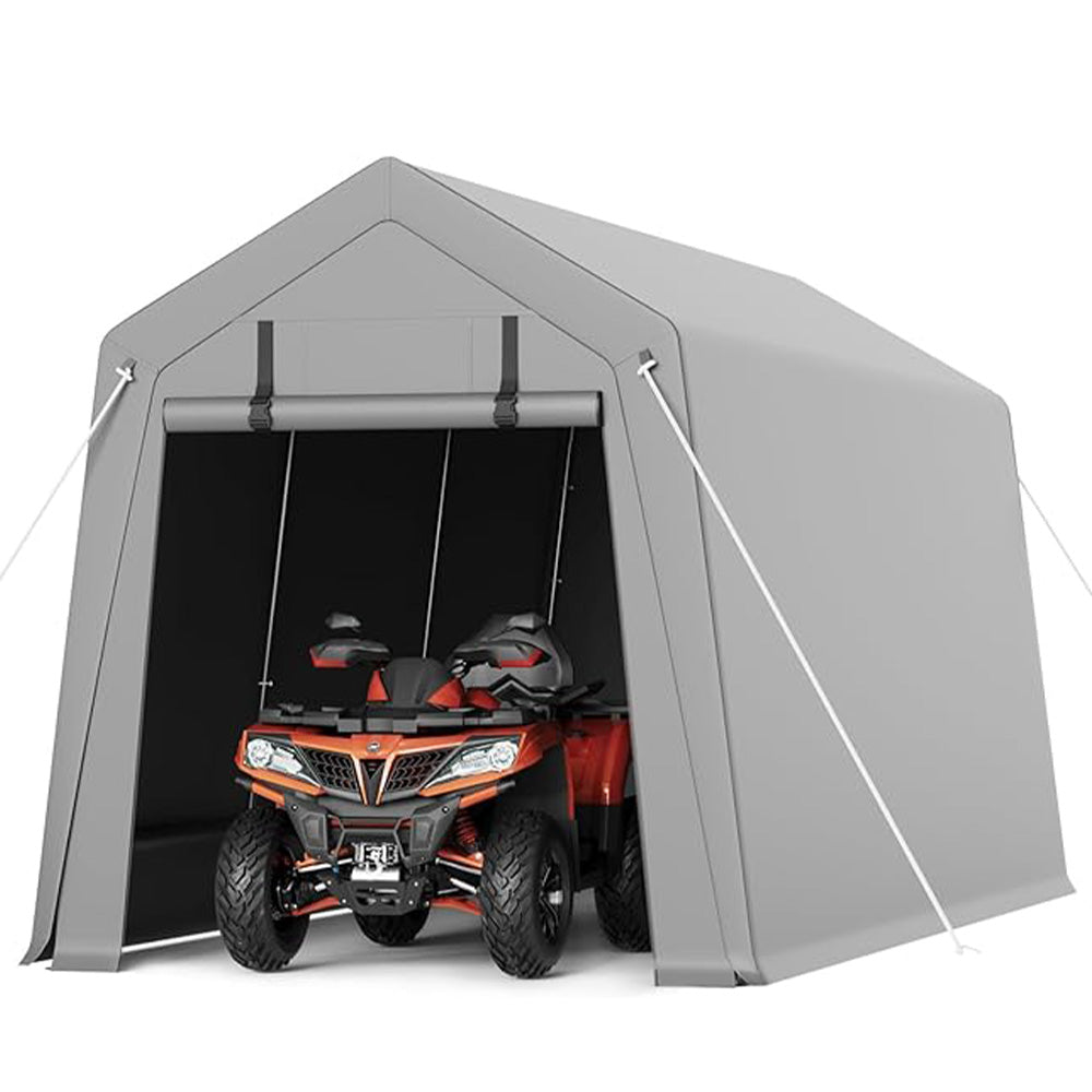 10'x15' grey waterproof carport, steel frame, ideal for motorcycle storage and outdoor use.