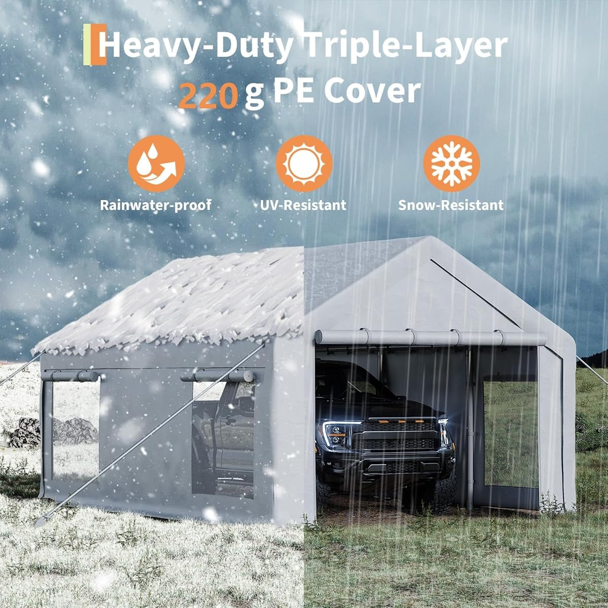 Garvee 10'x20' Heavy-Duty Carport Canopy - 180G Waterproof PE Cover, 0.8mm Steel Frame, Portable Garage Shelter for Trucks, Boats & SUVs, White