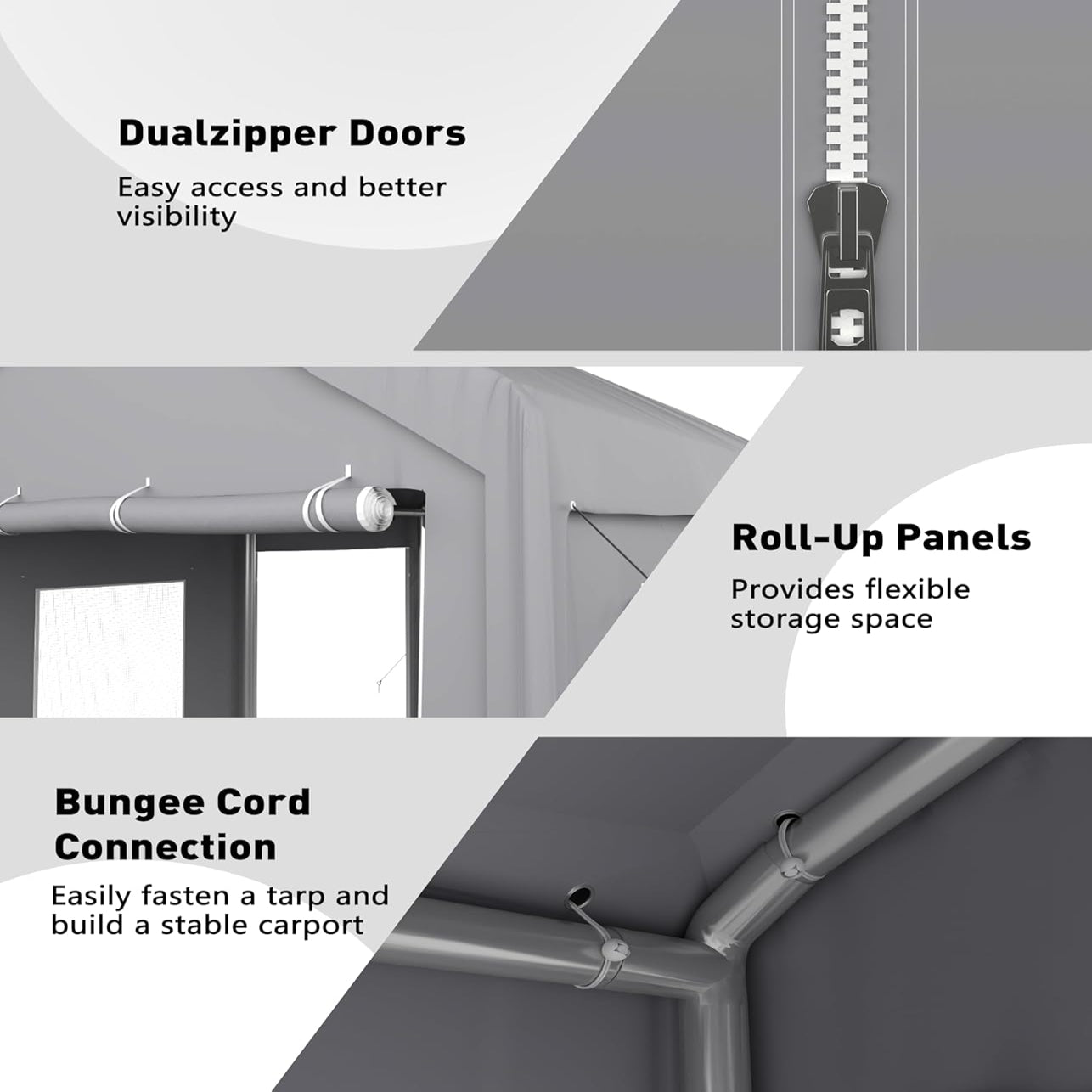 Garvee Carport Zipper Door Replacement for Portable Garage - 220G PE Fabric, Fits 13' x 20' and 13' x 25' Frames - Gray (Frame Not Included)