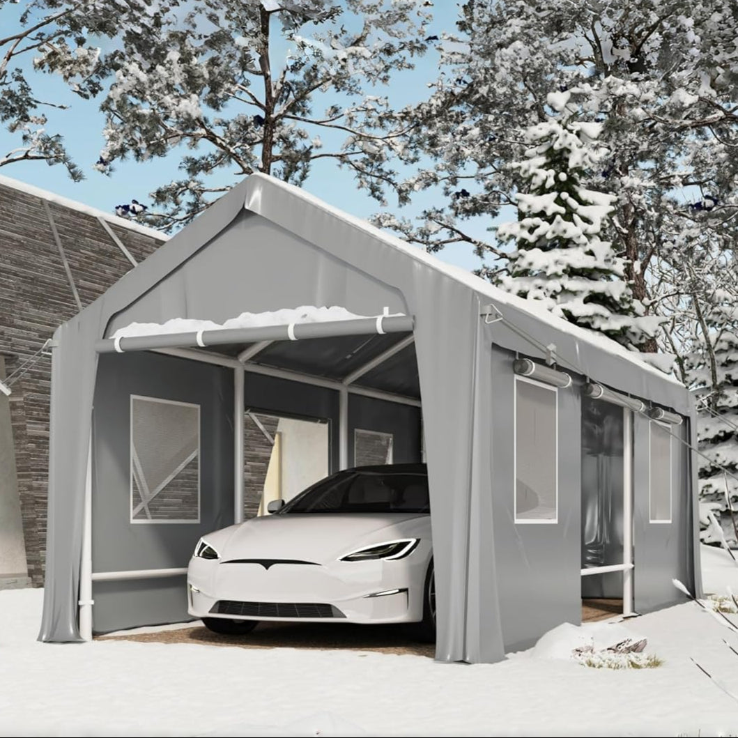 Garvee Carport Zipper Door Replacement for Portable Garage - 220G PE Fabric, Fits 13' x 20' and 13' x 25' Frames - Gray (Frame Not Included)