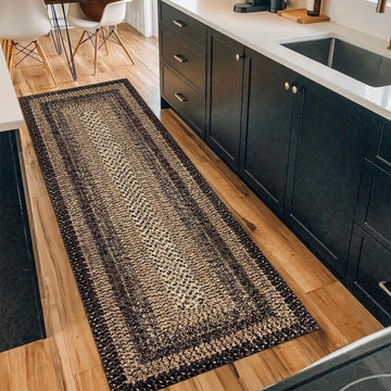 Garvee 2' × 8' Woven Border Runner Rug, Soft Washable Low-Pile Polyester Carpet with Non-Slip Backing for Hallway, Kitchen and Entryway, Black/Beige