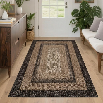 Garvee 5' × 7' Woven Border Area Rug, Washable Polyester Carpet with Non-Slip Backing for Living Room, Bedroom and Dining Room, Black/Beige