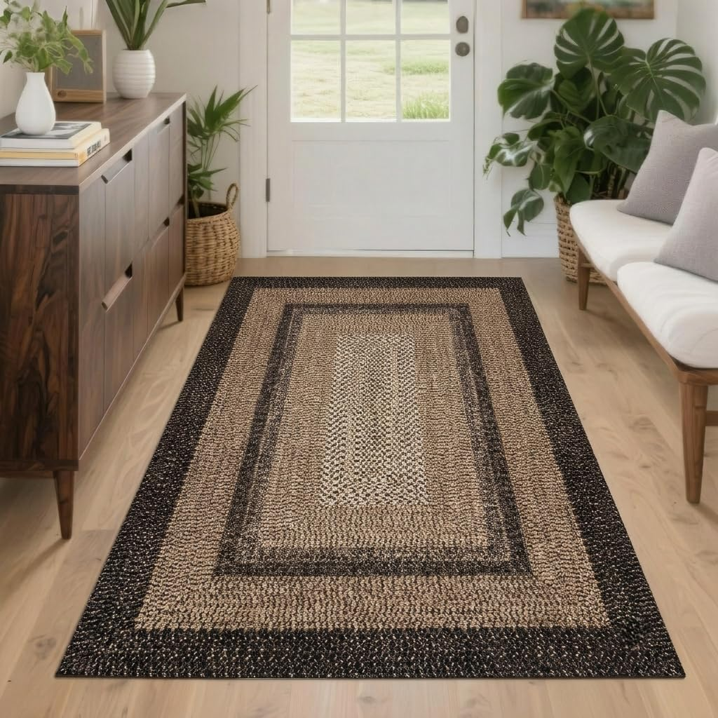 Garvee 6' × 9' Woven Border Area Rug, Washable Polyester Carpet with Non-Slip Backing for Living Room, Bedroom and Dining Room, Black/Beige