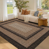 Garvee 9' × 12' Woven Border Area Rug, Washable Polyester Carpet with Non-Slip Backing for Living Room, Bedroom and Dining Room, Black/Beige - Black/Beige