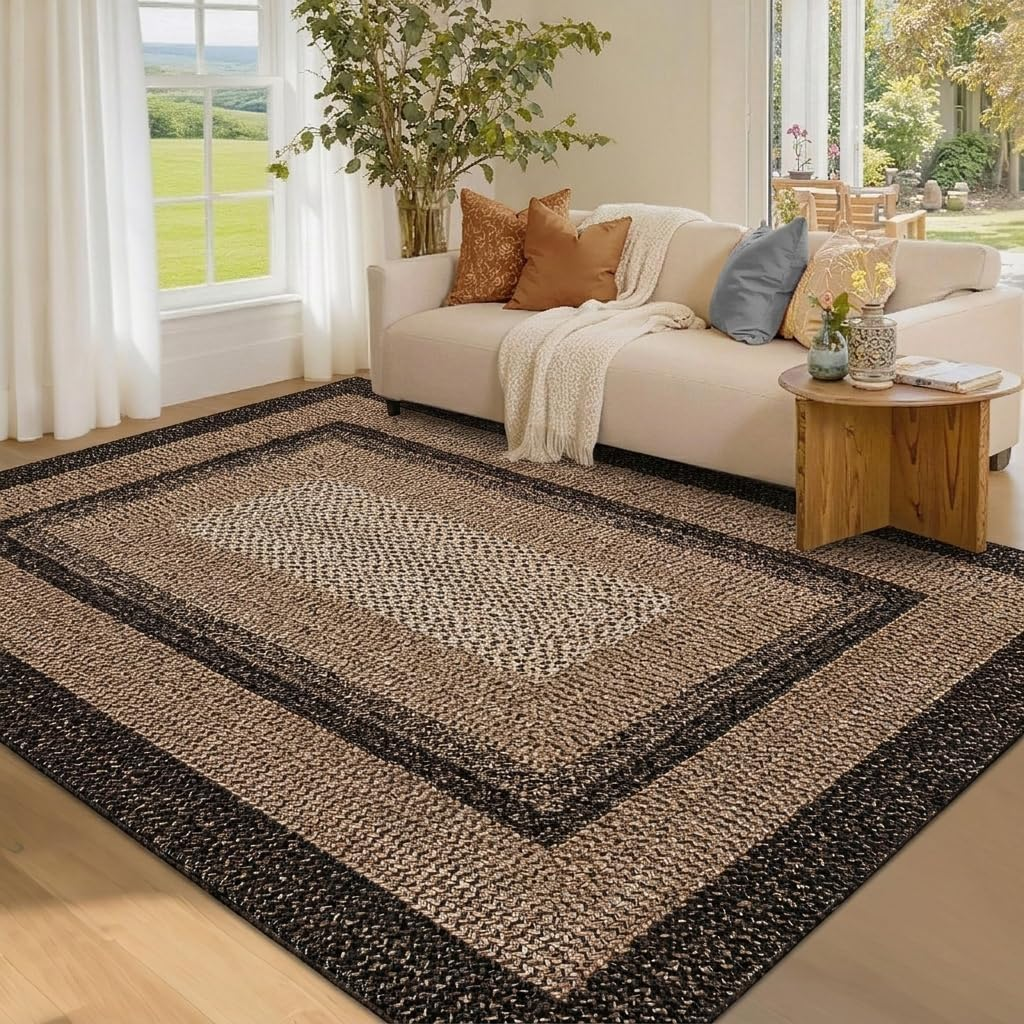 Garvee 6' × 9' Woven Border Area Rug, Washable Polyester Carpet with Non-Slip Backing for Living Room, Bedroom and Dining Room, Black/Beige