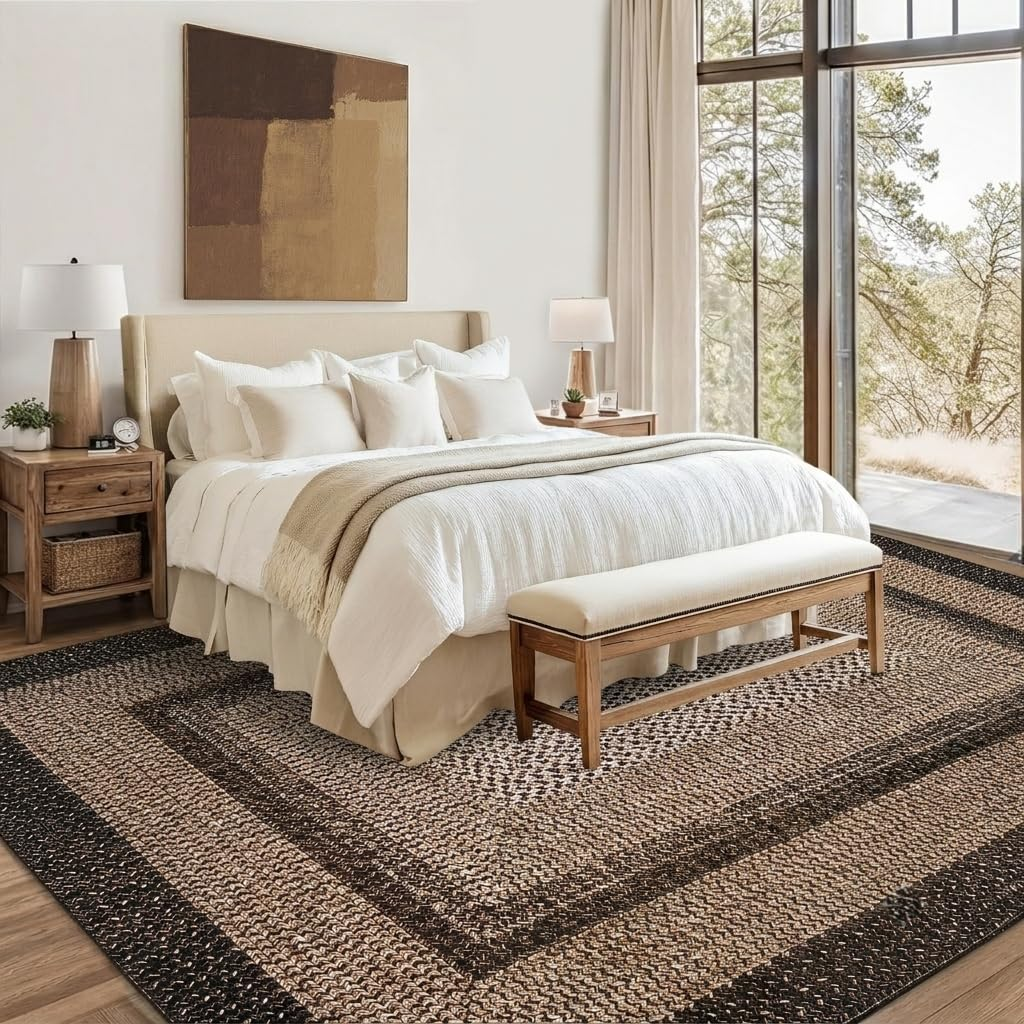 Garvee 6' × 9' Woven Border Area Rug, Washable Polyester Carpet with Non-Slip Backing for Living Room, Bedroom and Dining Room, Black/Beige