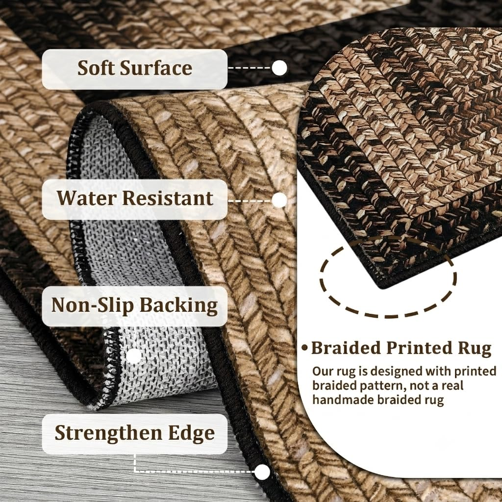Garvee 2' × 10' Woven Border Runner Rug, Soft Washable Low-Pile Polyester Carpet with Non-Slip Backing for Hallway, Kitchen and Entryway, Black/Beige