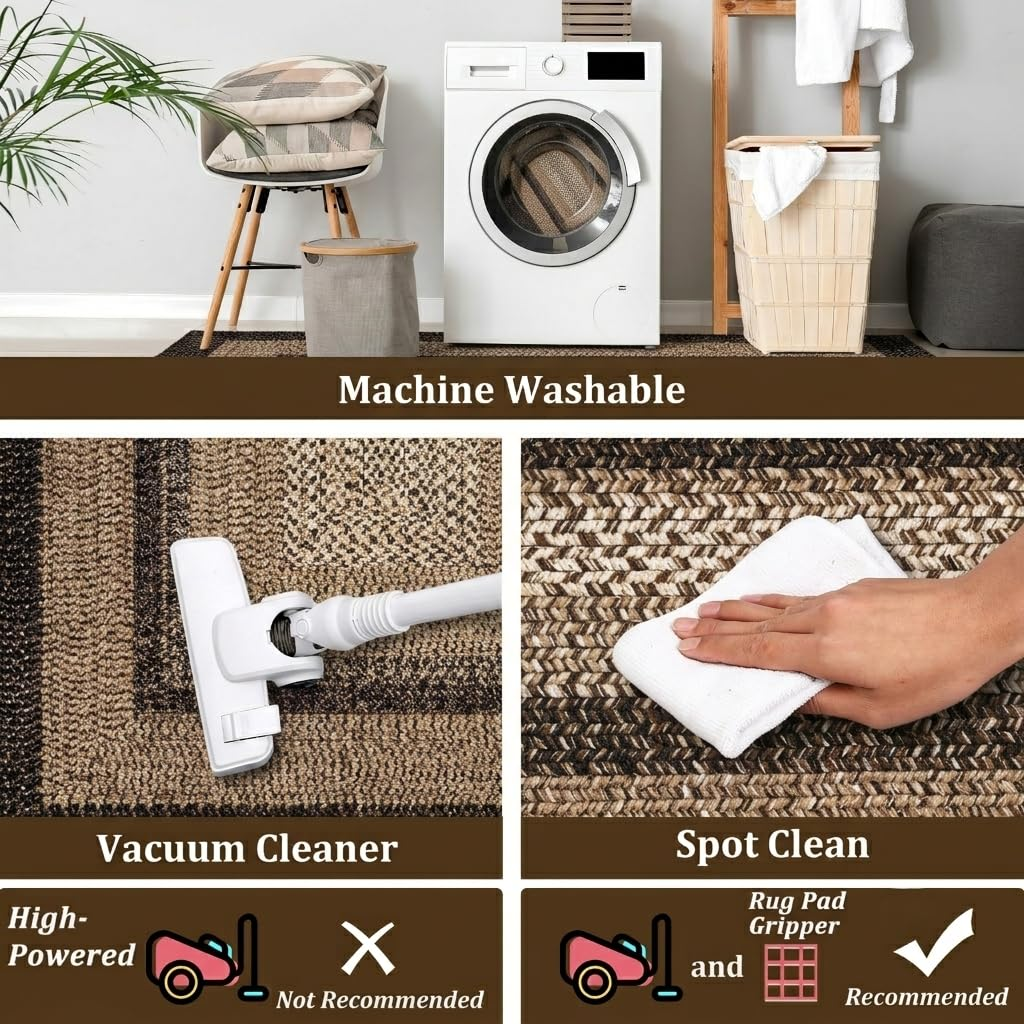 Garvee 2' × 10' Woven Border Runner Rug, Soft Washable Low-Pile Polyester Carpet with Non-Slip Backing for Hallway, Kitchen and Entryway, Black/Beige